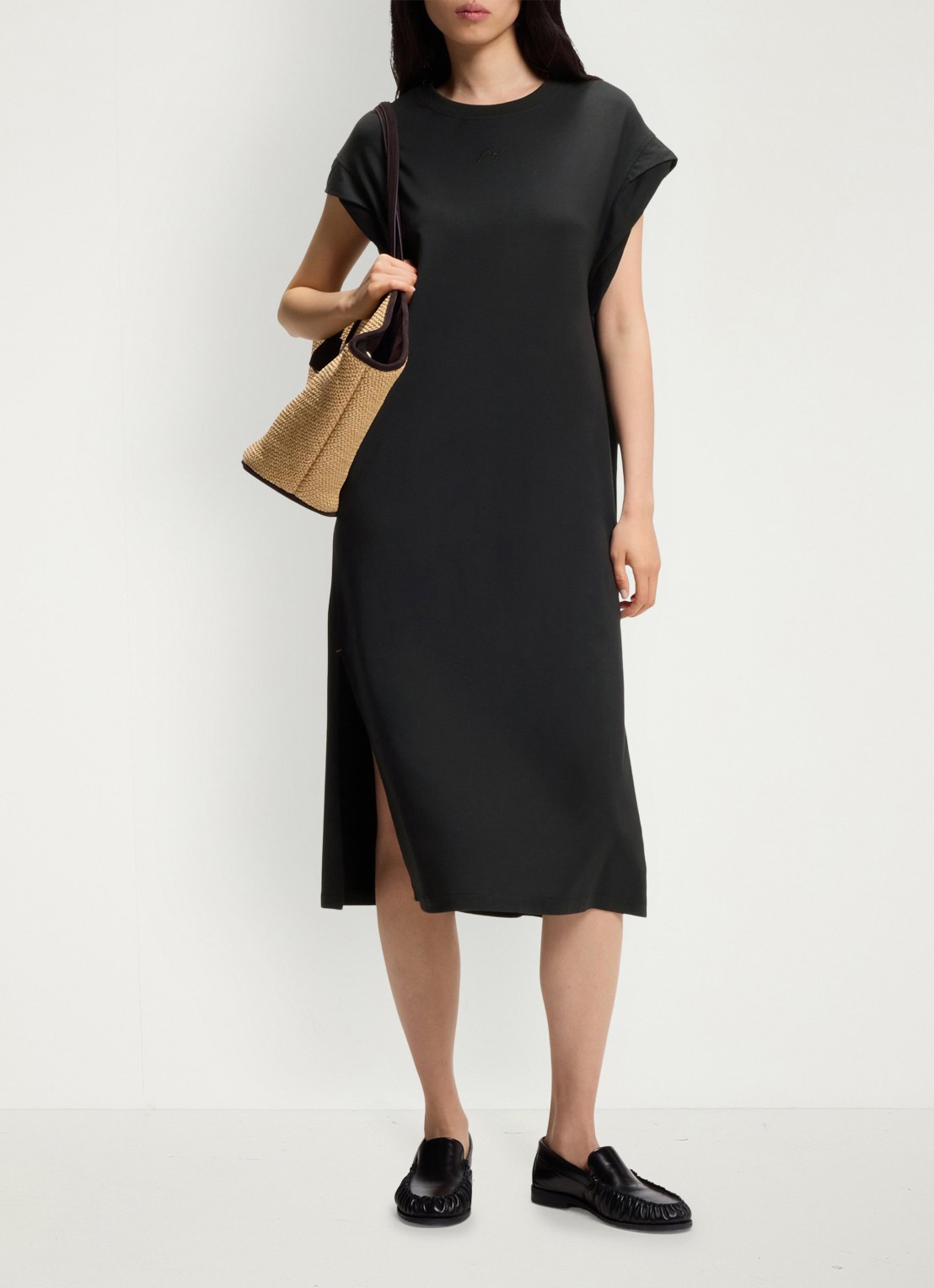 BOSS C_Edress_5 midi T-shirt jurk met split  - voorkant 5 black-001 / zwart