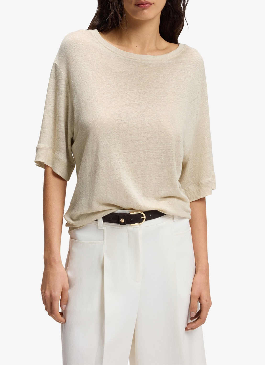BOSS C_Emma T-shirt van linnen  - detail open beige-287 / beige