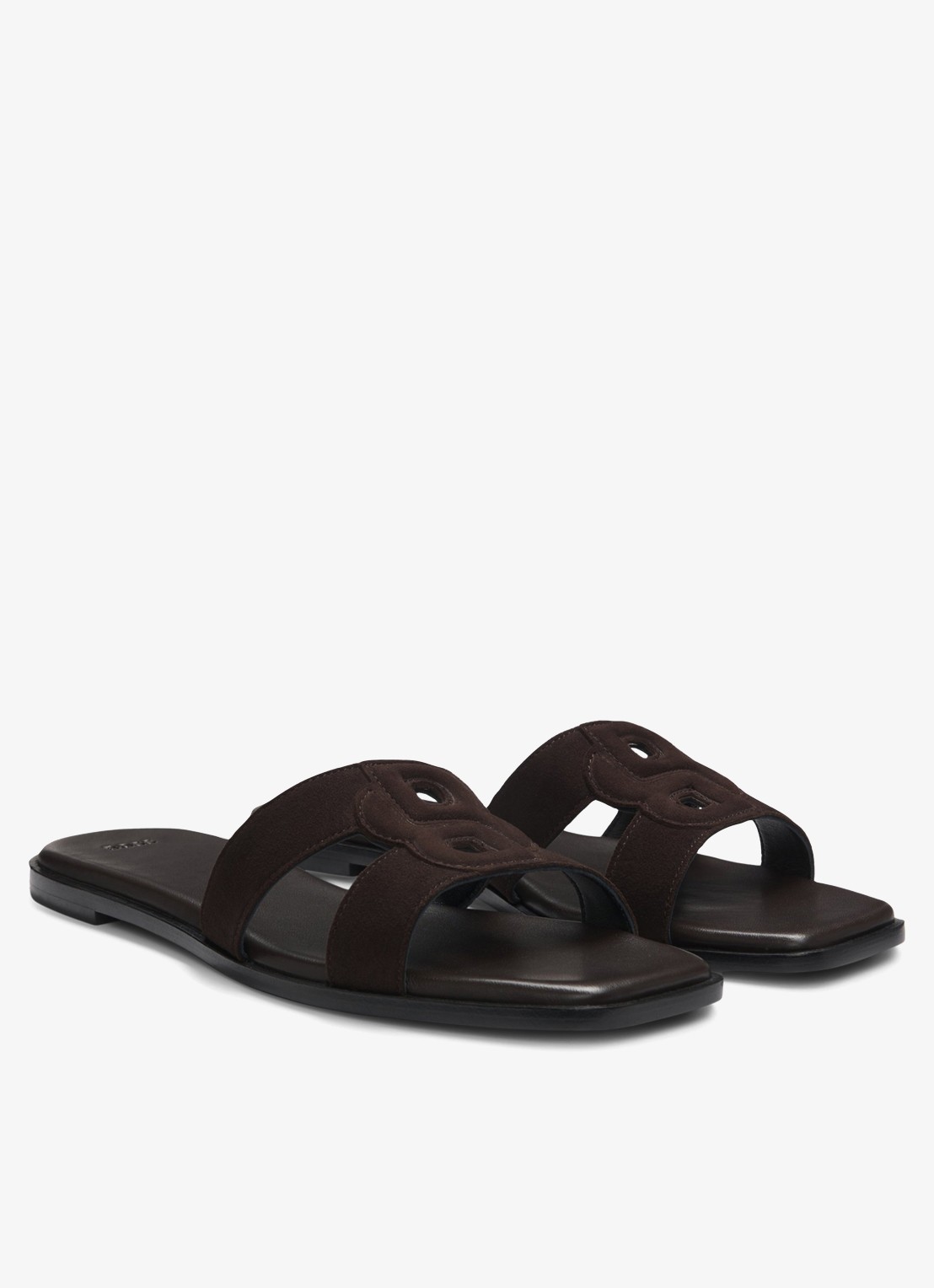 BOSS Charlize slipper van suède met logo - voorkant 5 dark brown-207 / bruin