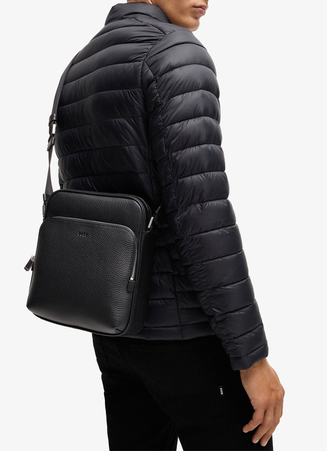 BOSS Crosstown crossbodytas van leer - voorkant 3 zwart