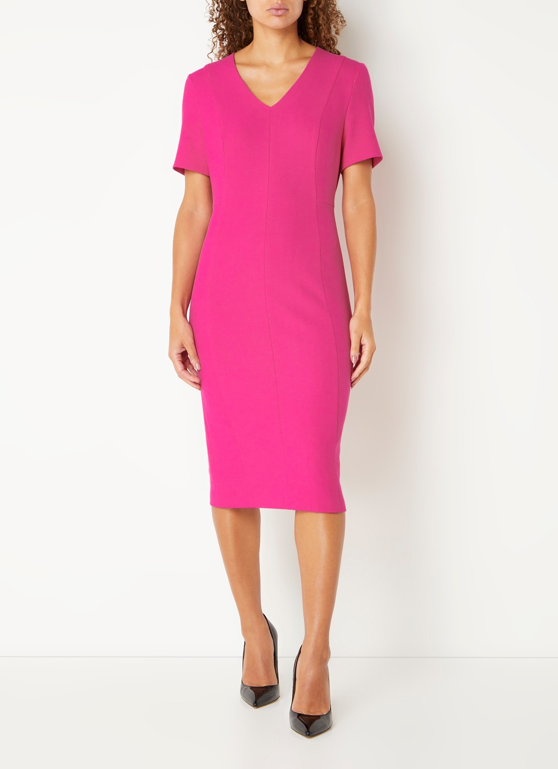 BOSS Damaisa mini jurk met V-hals  - detail fuchsia