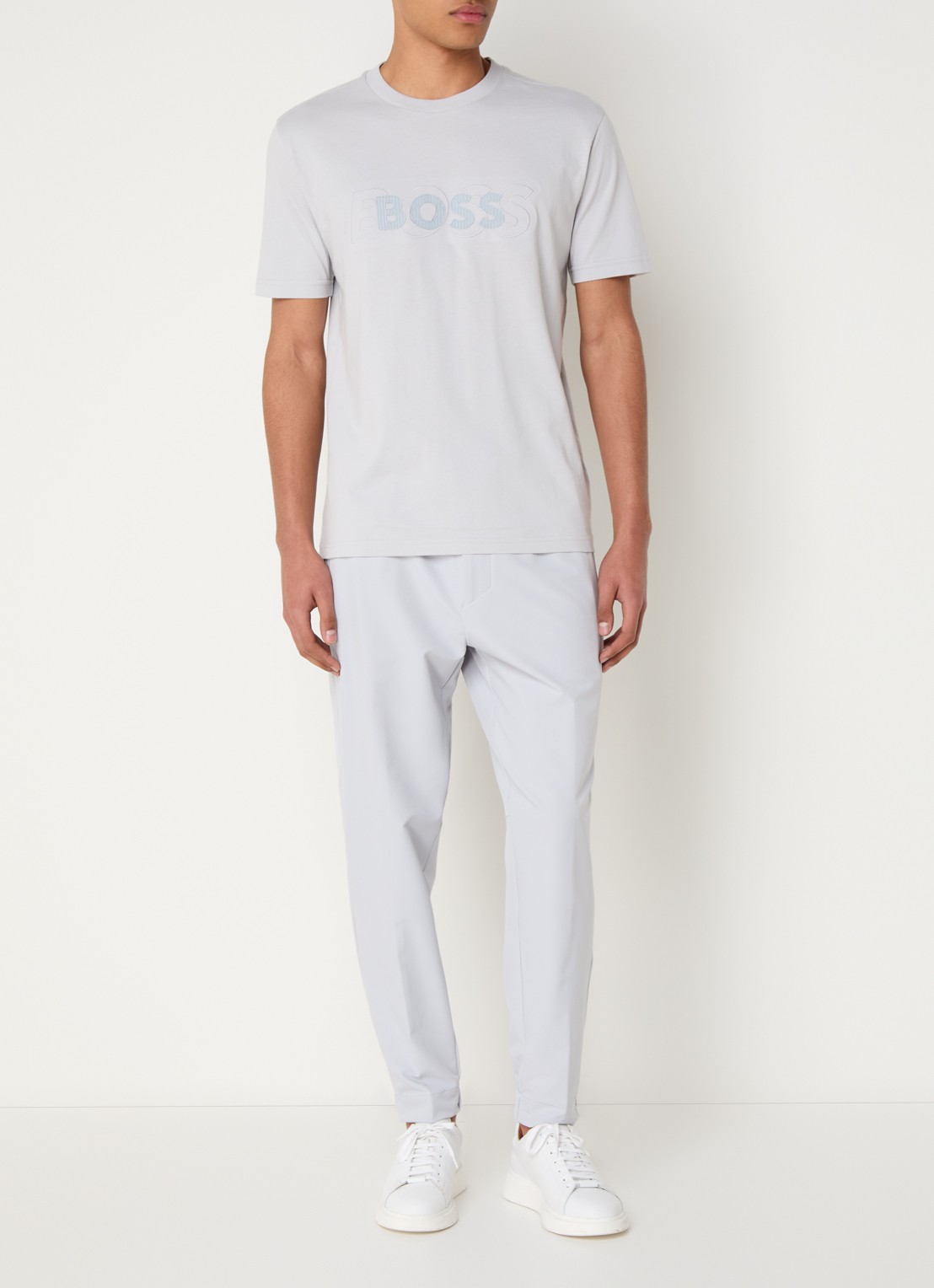 BOSS Drop Needle T-shirt met logoprint  - voorkant 4 lichtgrijs