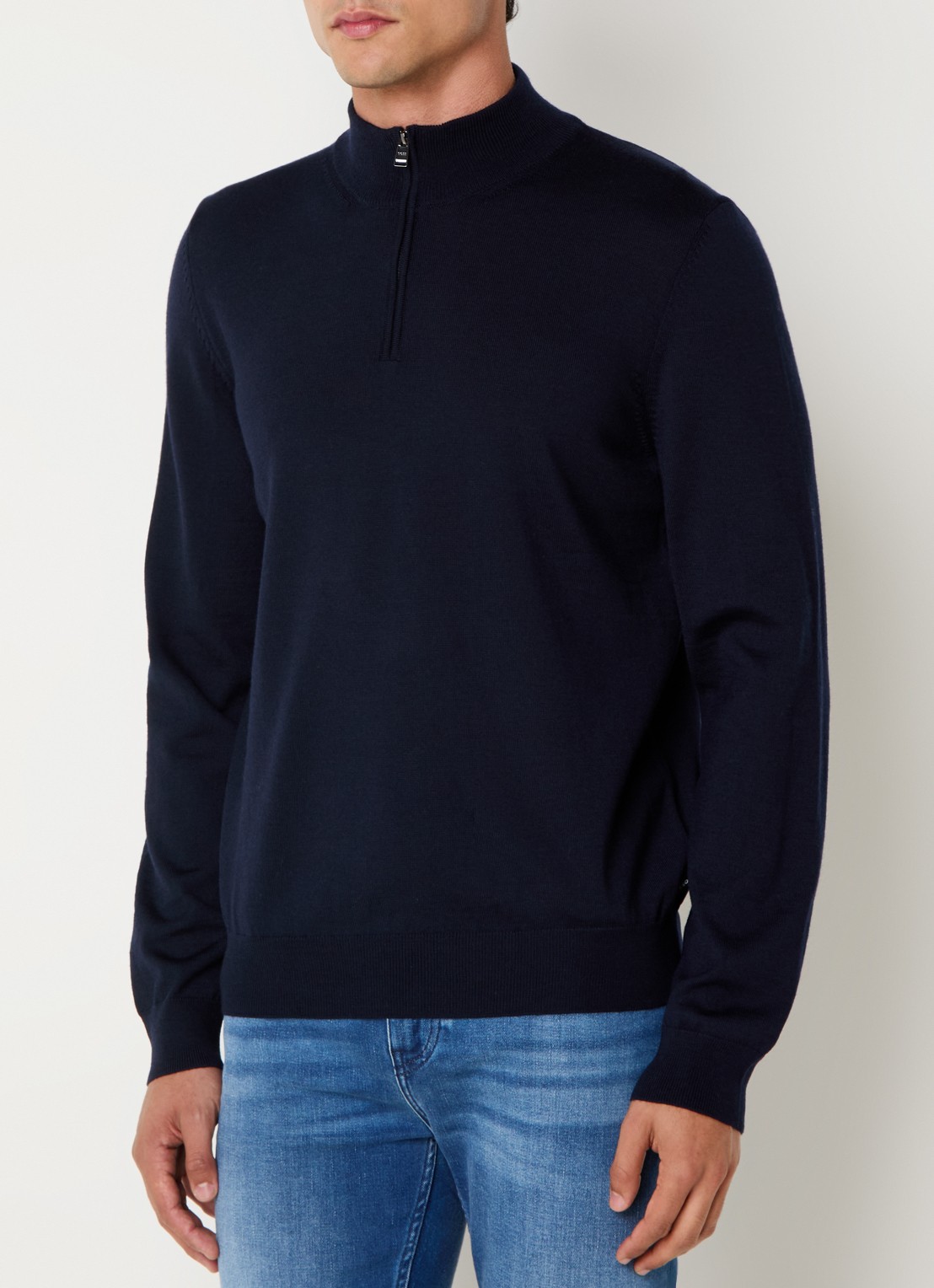 BOSS Ebenji fijngebreide trui van scheerwol met halve rits - detail 2 donkerblauw