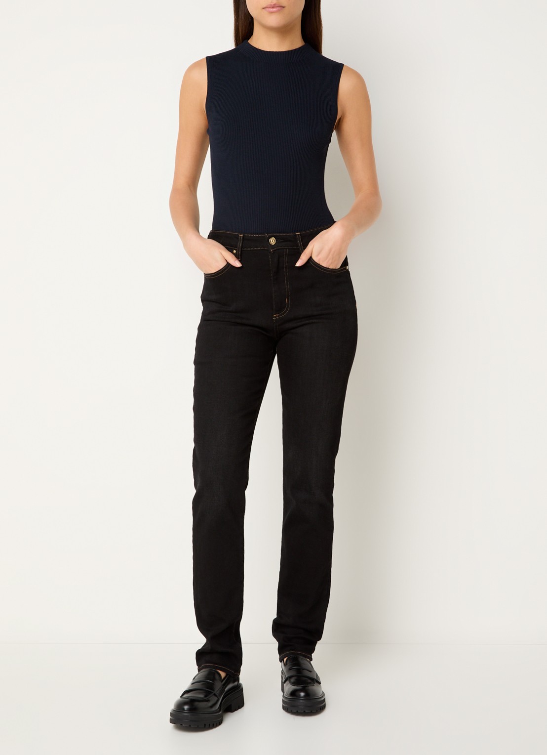 BOSS Feskies ribgebreide top met col - voorkant 3 donkerblauw