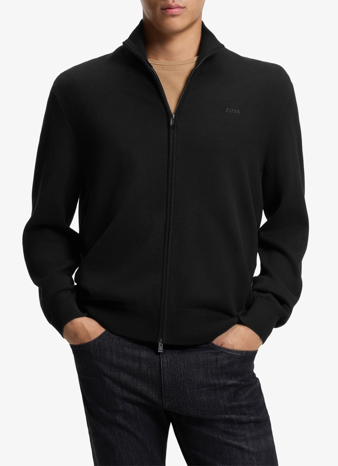 BOSS Fijngebreid vest met logo - detail zwart