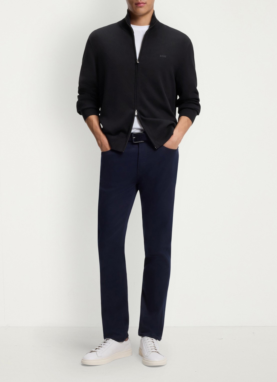 BOSS Fijngebreid vest met logo - voorkant 3 donkerblauw