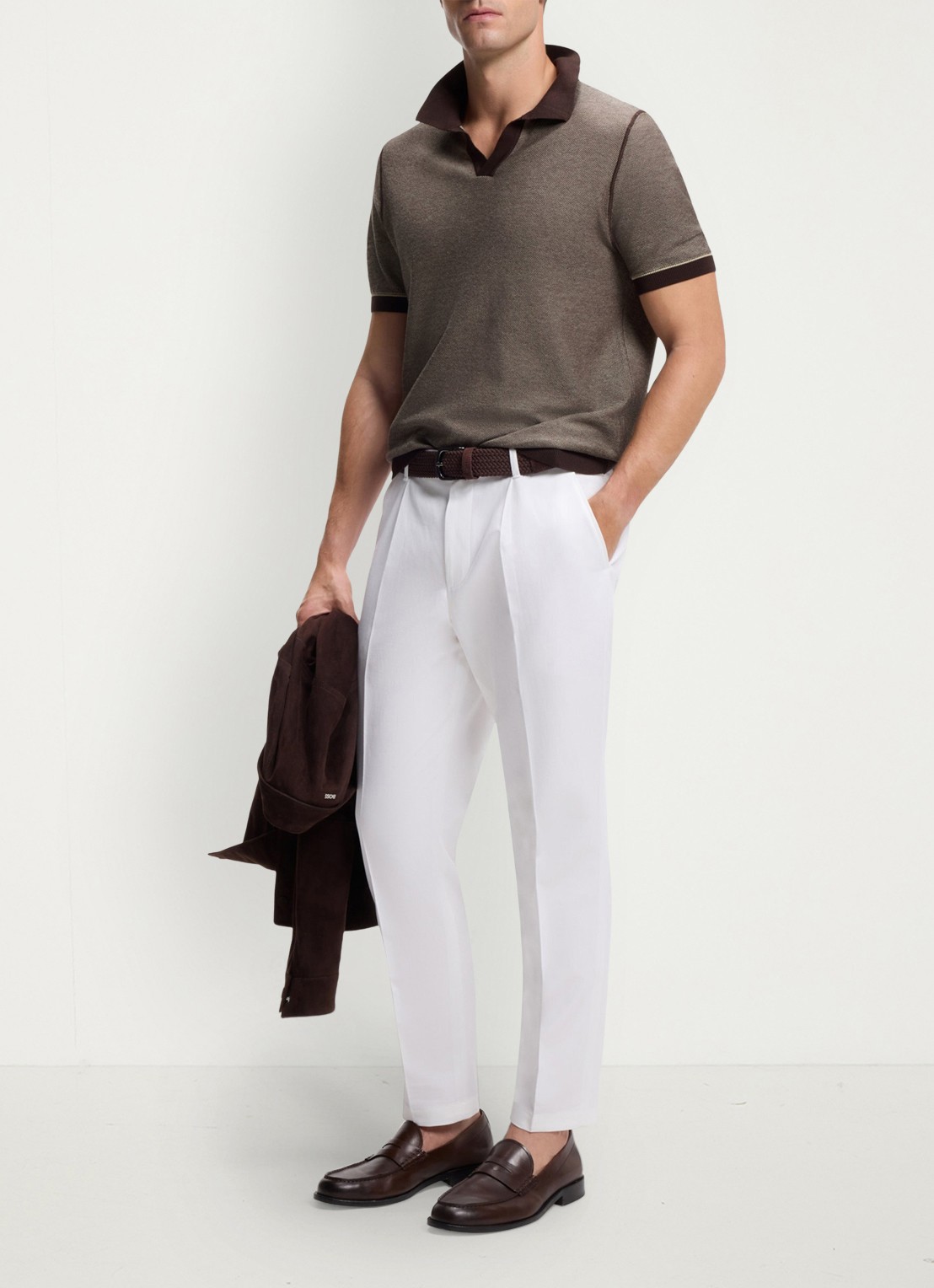 BOSS Fijngebreide polo met polokraag - voorkant 2 dark brown-207 / bruin
