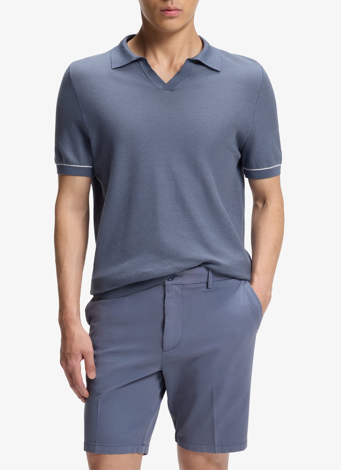 BOSS Fijngebreide polo met polokraag - detail open blue-466 / blauw
