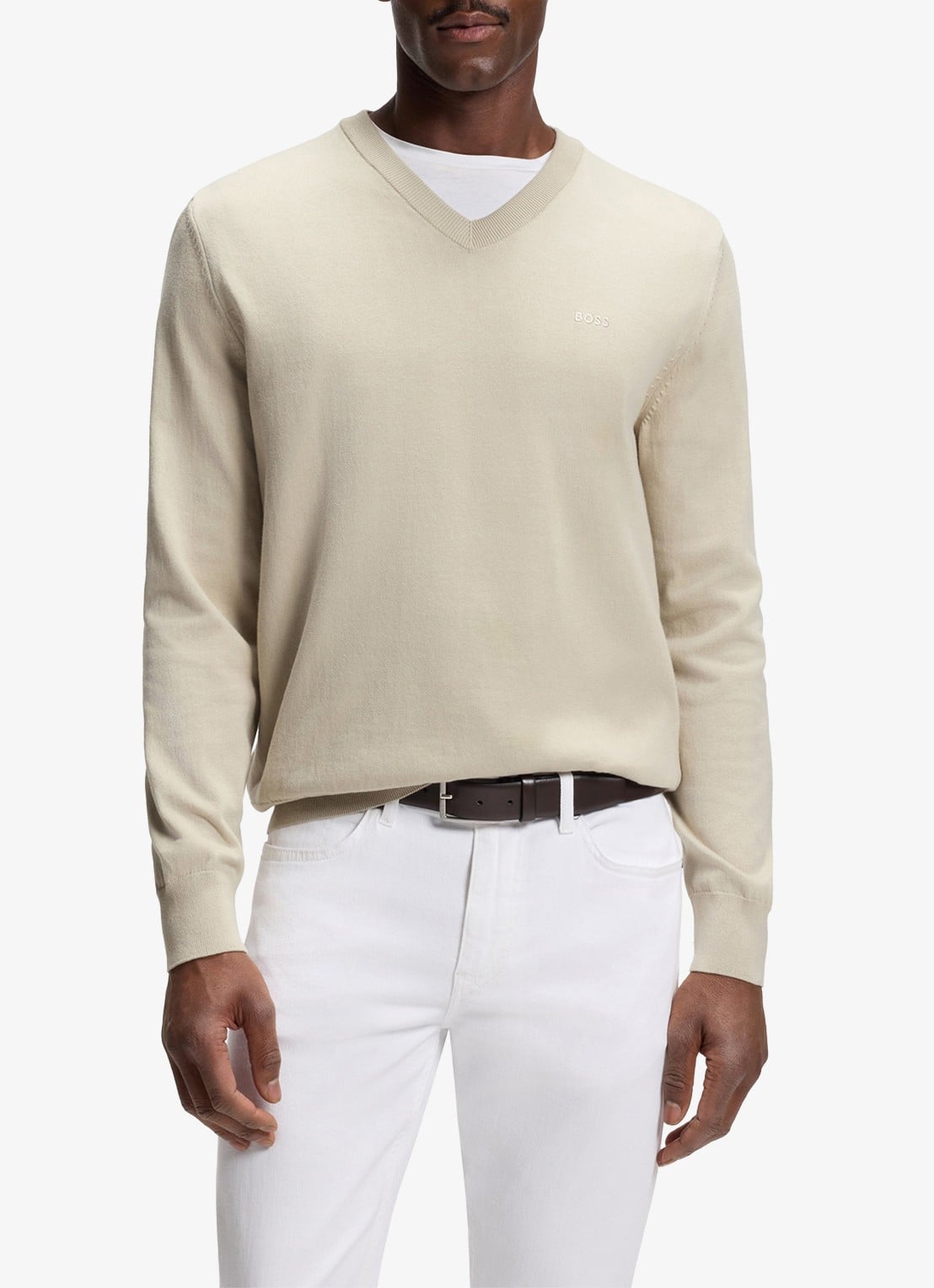 BOSS Fijngebreide pullover met logo - detail 4 beige