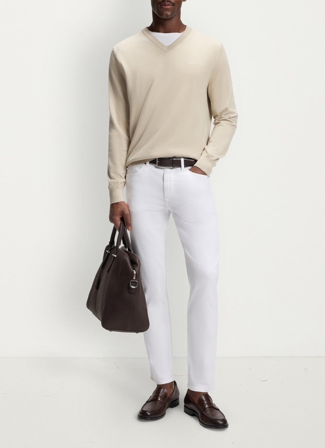 BOSS Fijngebreide pullover met logo - voorkant 2 beige