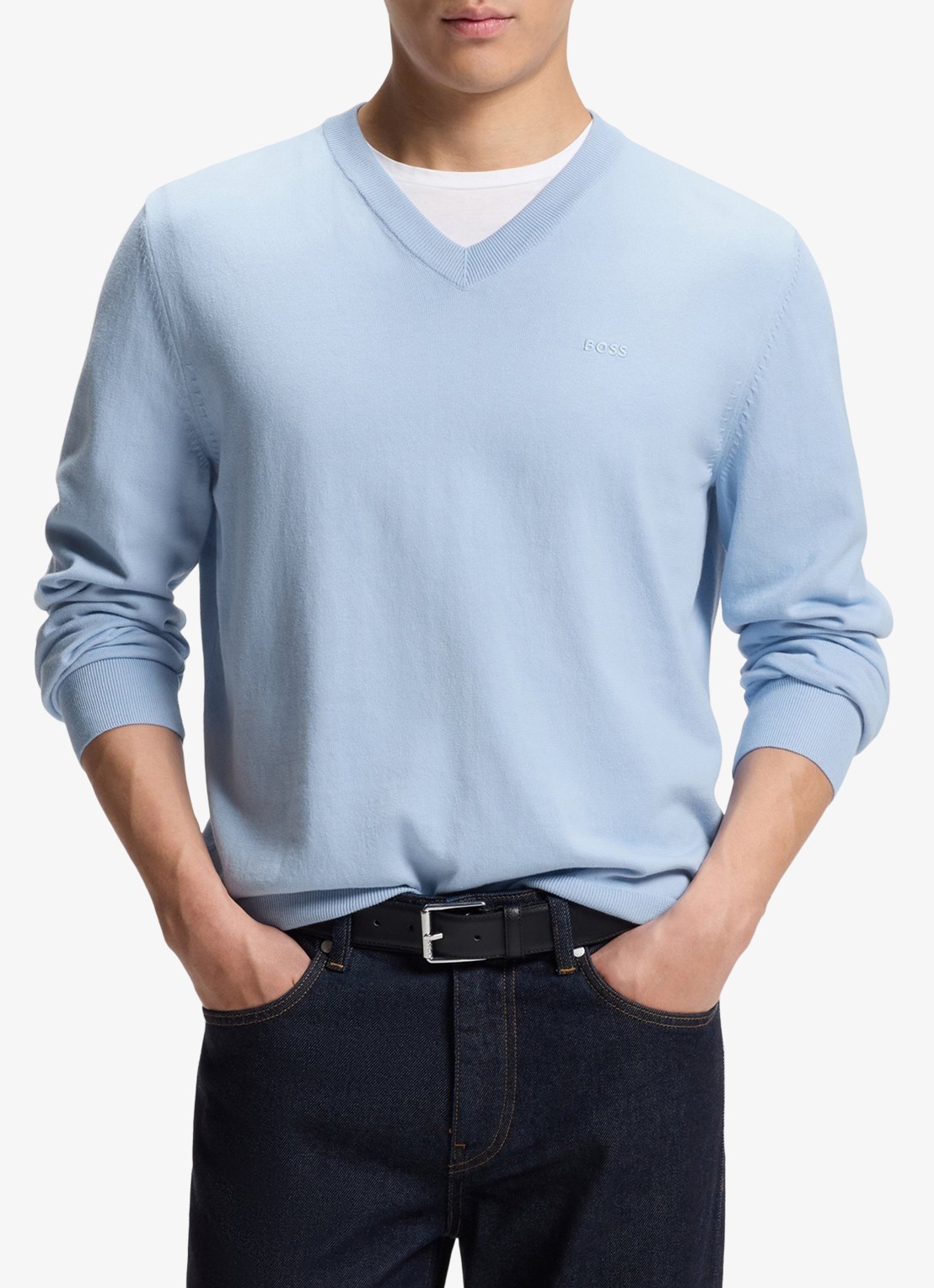 BOSS Fijngebreide pullover met logo - detail lichtblauw