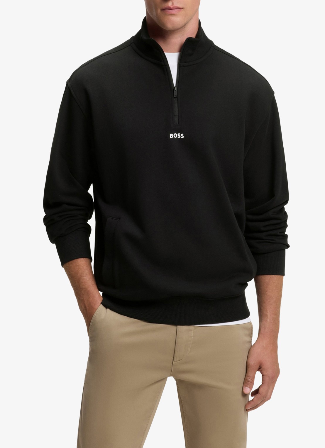 BOSS Fijngebreide sweater met halve rits - detail 4 zwart