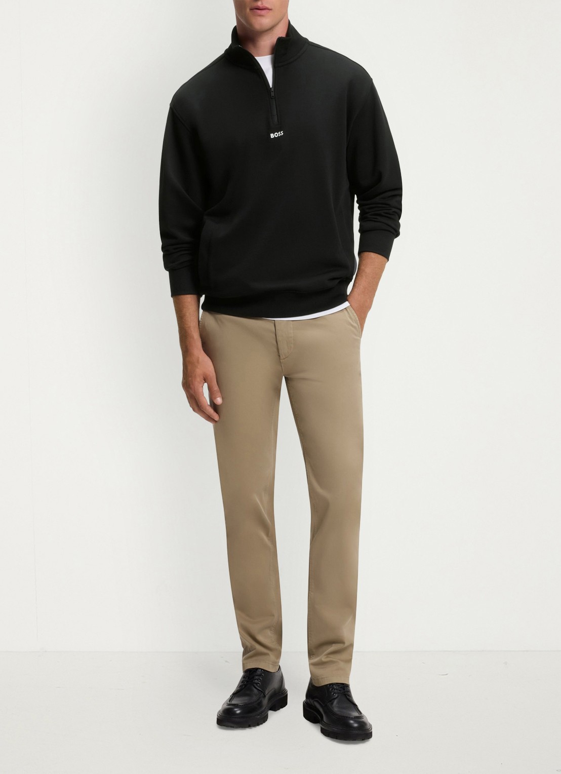 BOSS Fijngebreide sweater met halve rits - voorkant 3 zwart