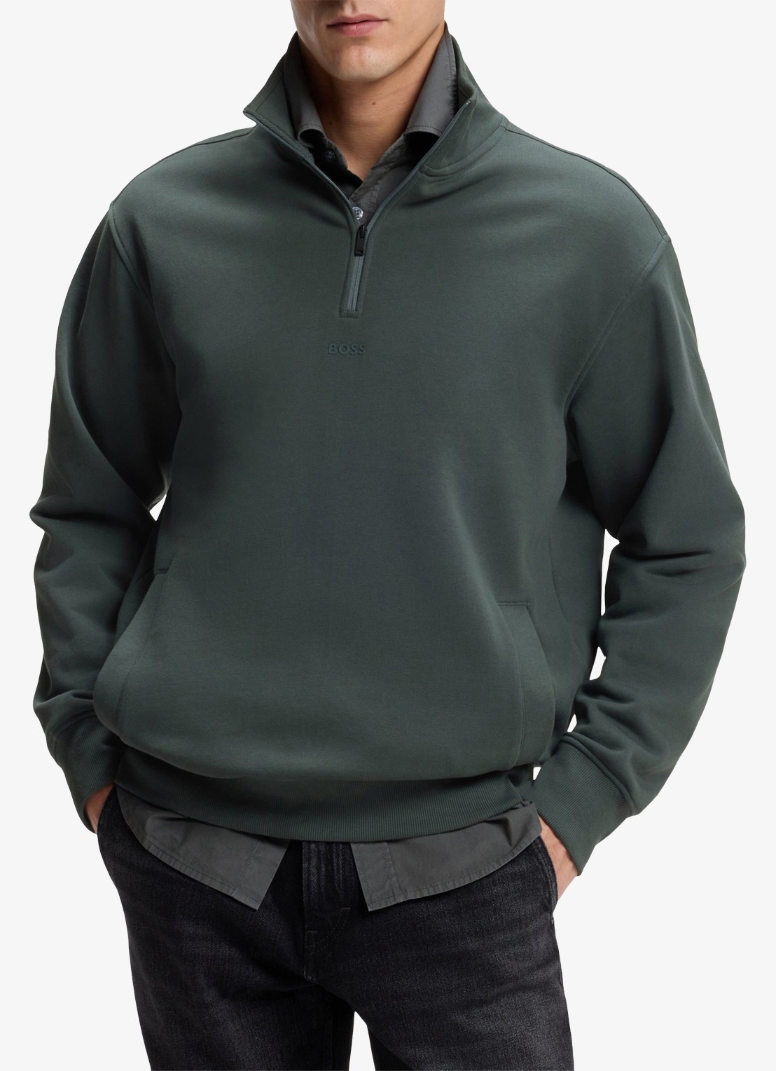 BOSS Fijngebreide sweater met halve rits - detail 4 donkergroen