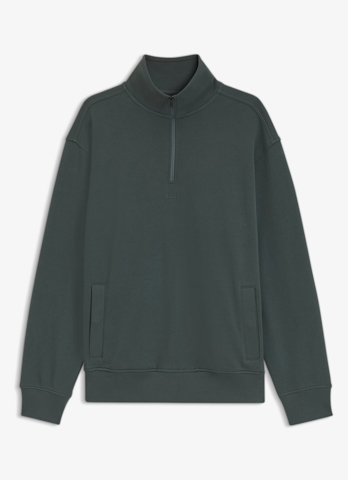 BOSS Fijngebreide sweater met halve rits - voorkant 2 donkergroen