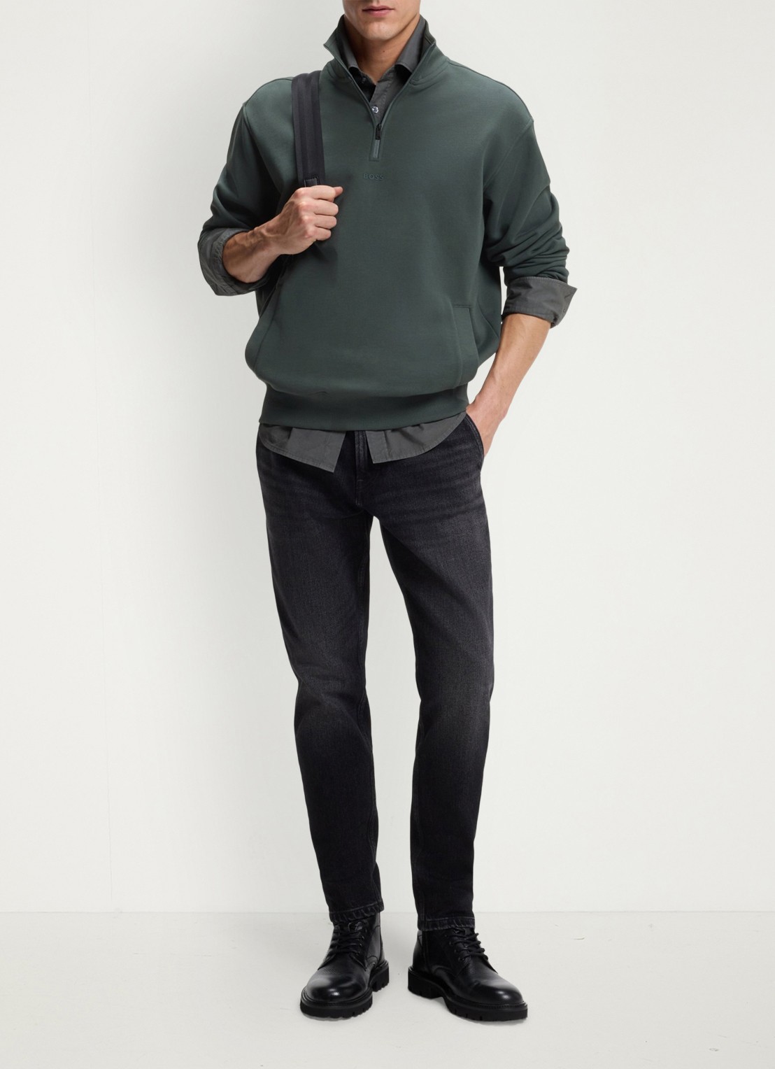 BOSS Fijngebreide sweater met halve rits - voorkant 3 donkergroen