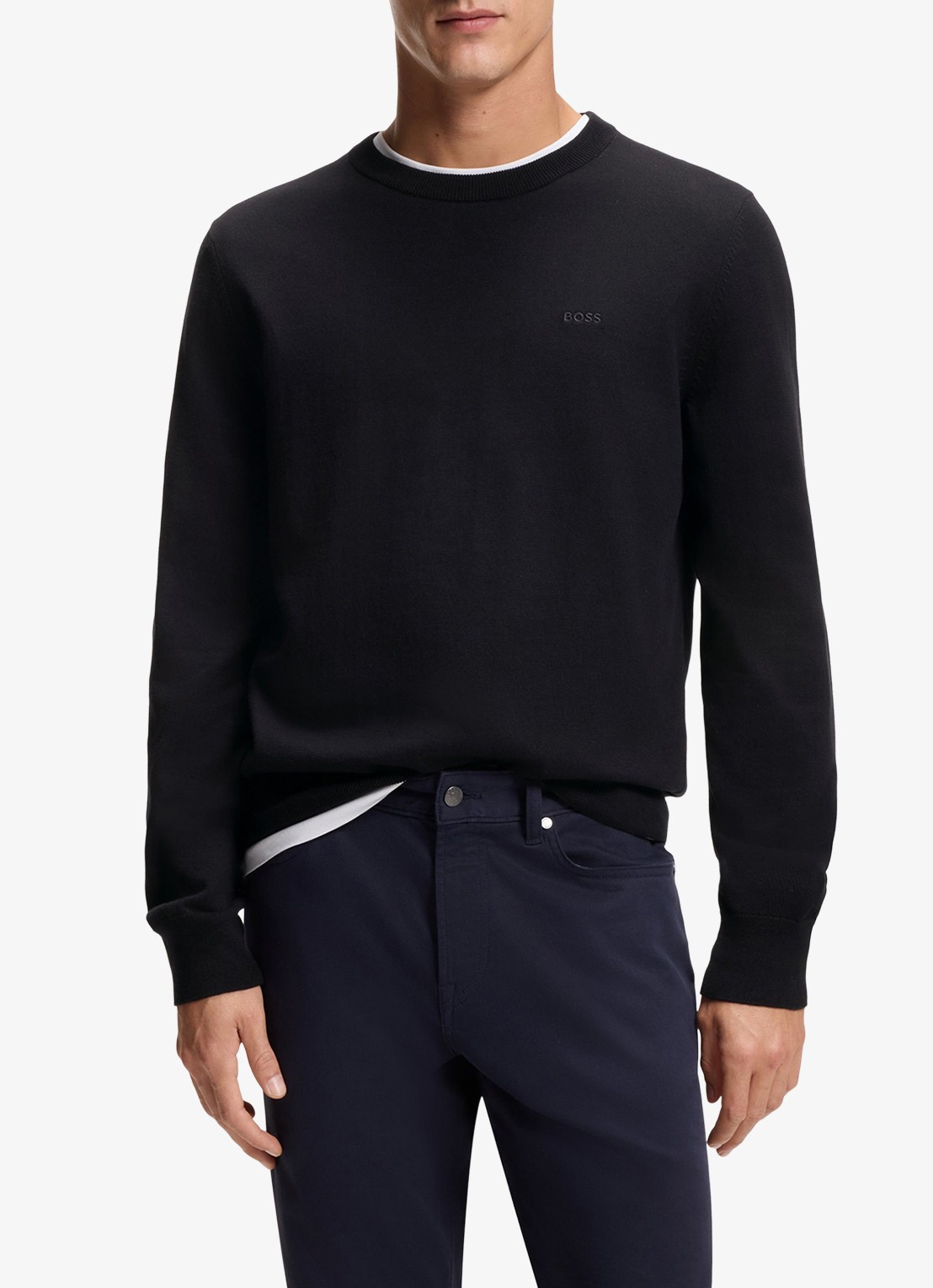 BOSS Fijngebreide trui met logo - detail black-001 / zwart