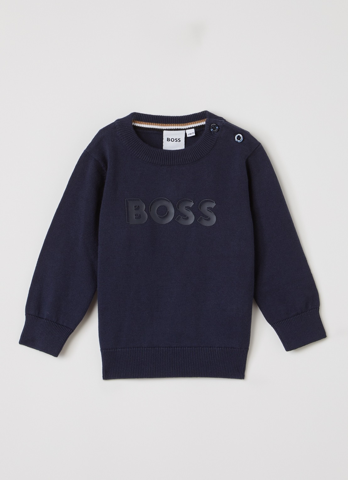 BOSS Fijngebreide trui met logoprint - voorkant donkerblauw