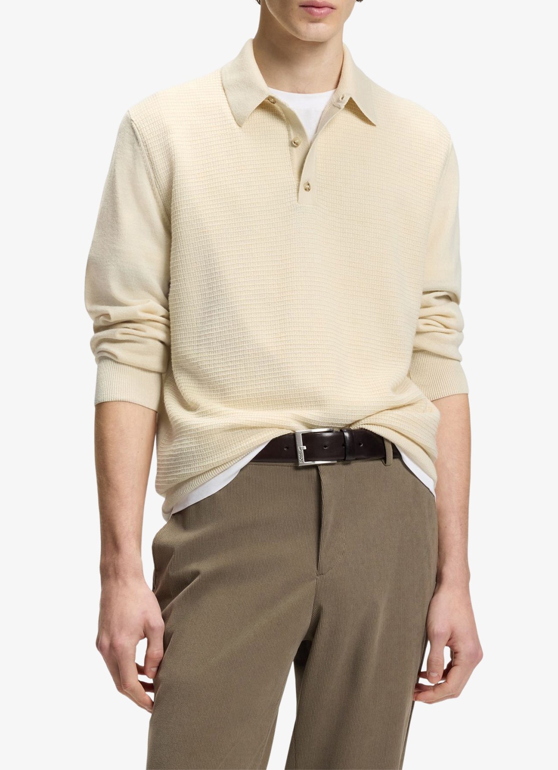 BOSS Fijngebreide trui met polokraag - detail beige