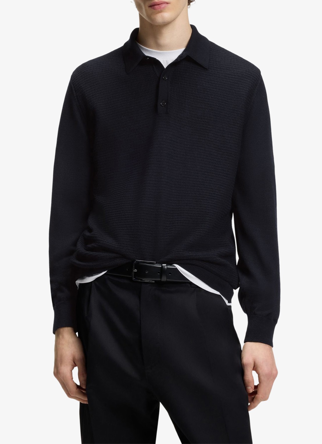 BOSS Fijngebreide trui met polokraag - detail donkerblauw