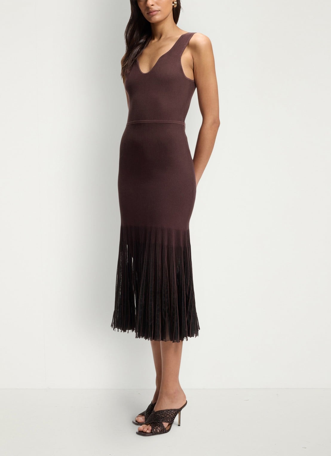 BOSS Floe midi jurk met franjes - detail 3 dark brown-206 / bruin