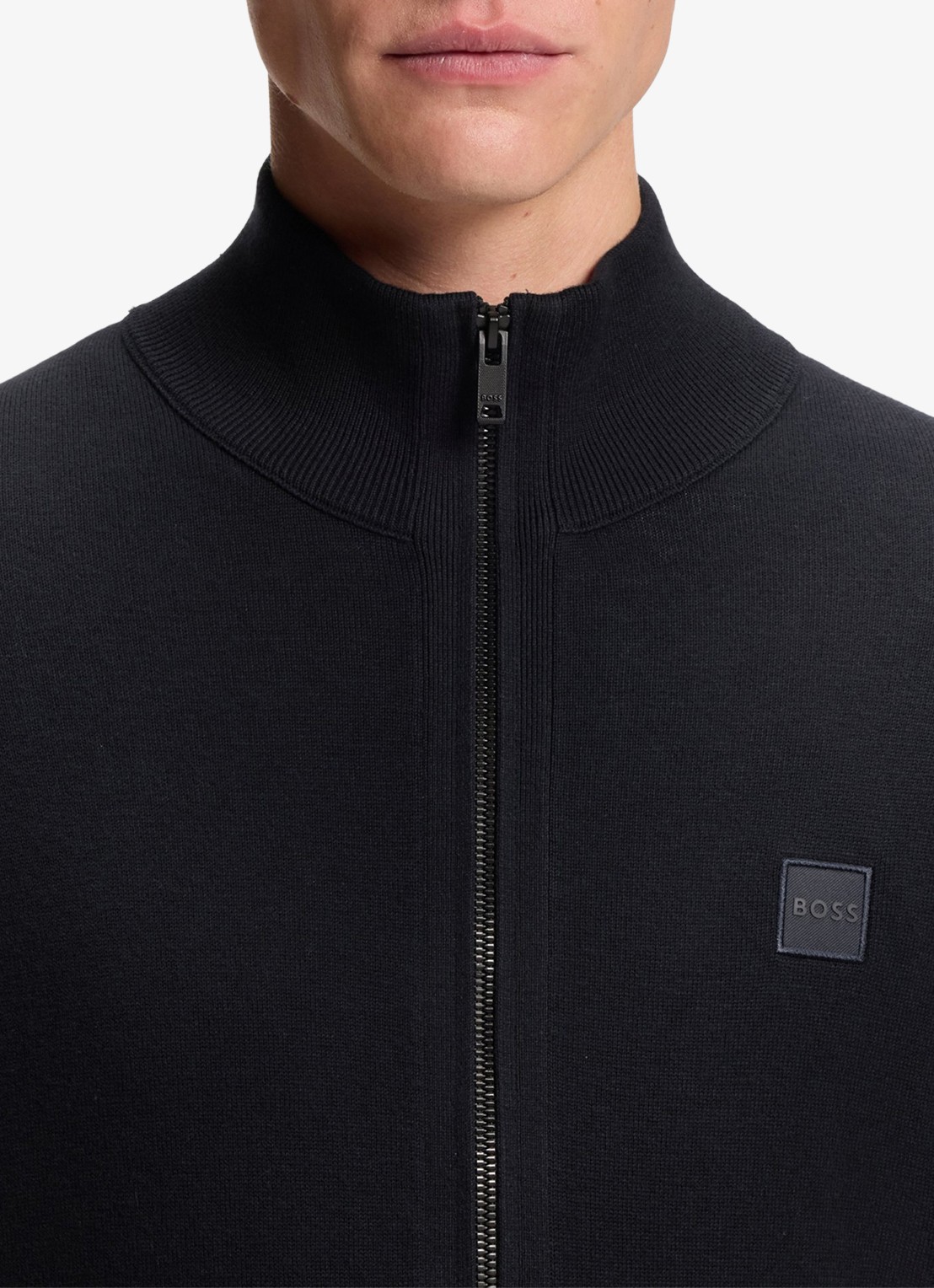 BOSS Gebreid jack van katoen en kasjmier met logopatch - detail 4 donkerblauw