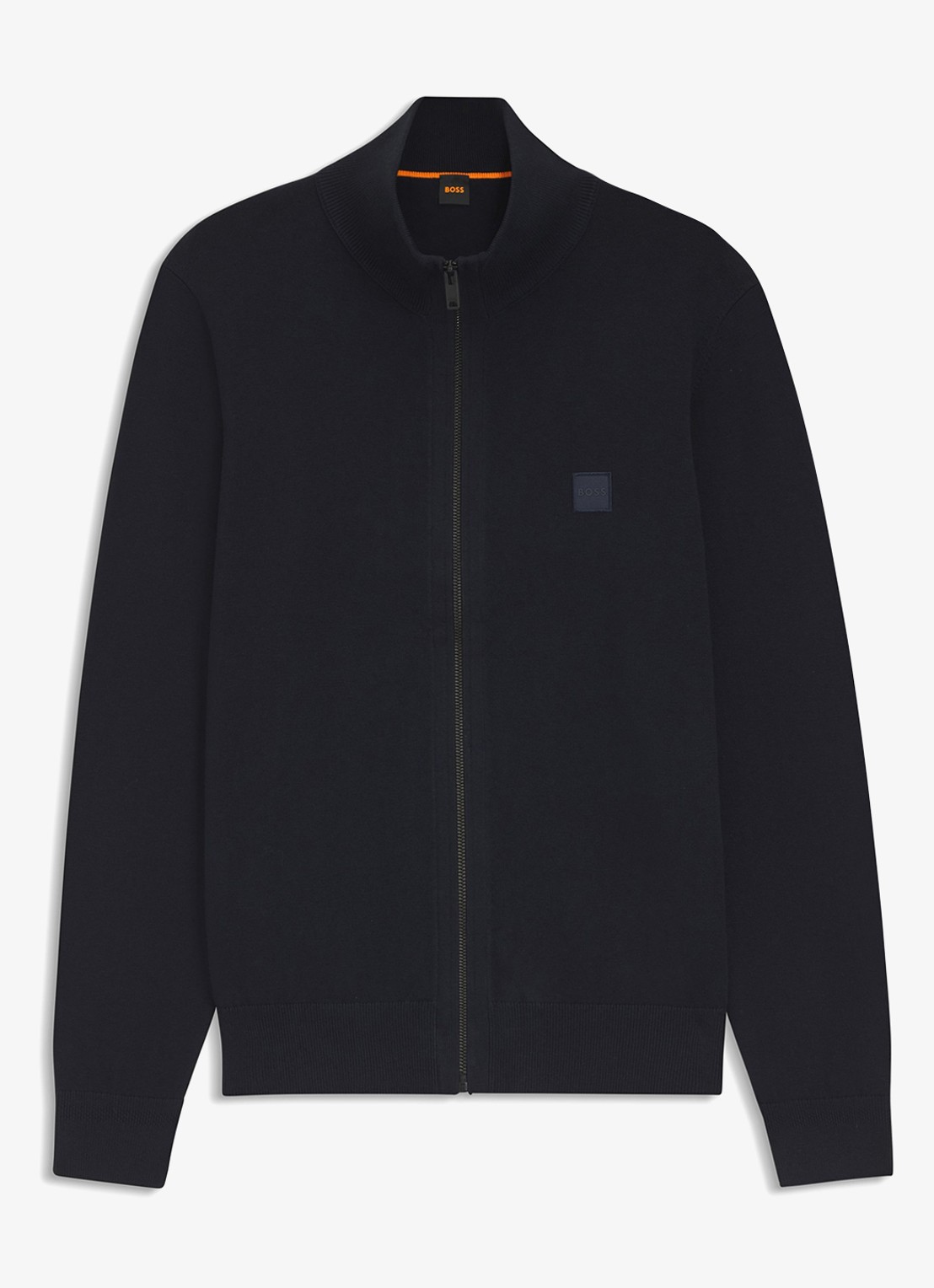BOSS Gebreid jack van katoen en kasjmier met logopatch - voorkant 7 donkerblauw