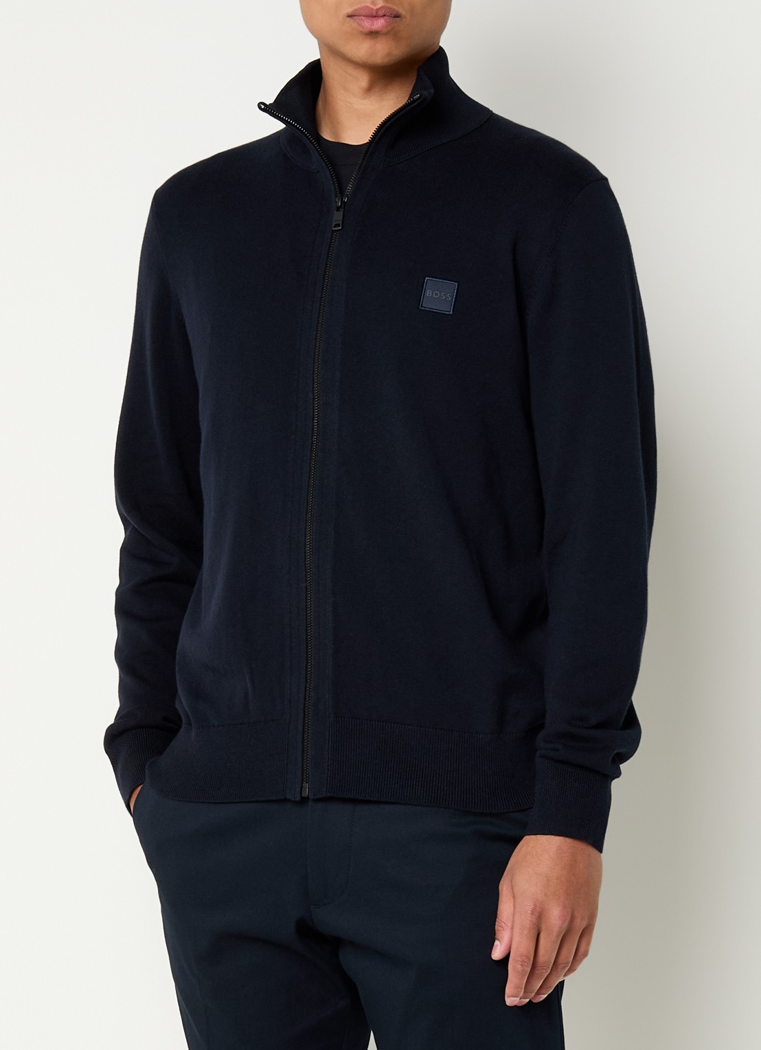 BOSS Gebreid jack van katoen en kasjmier met logopatch - detail 6 donkerblauw