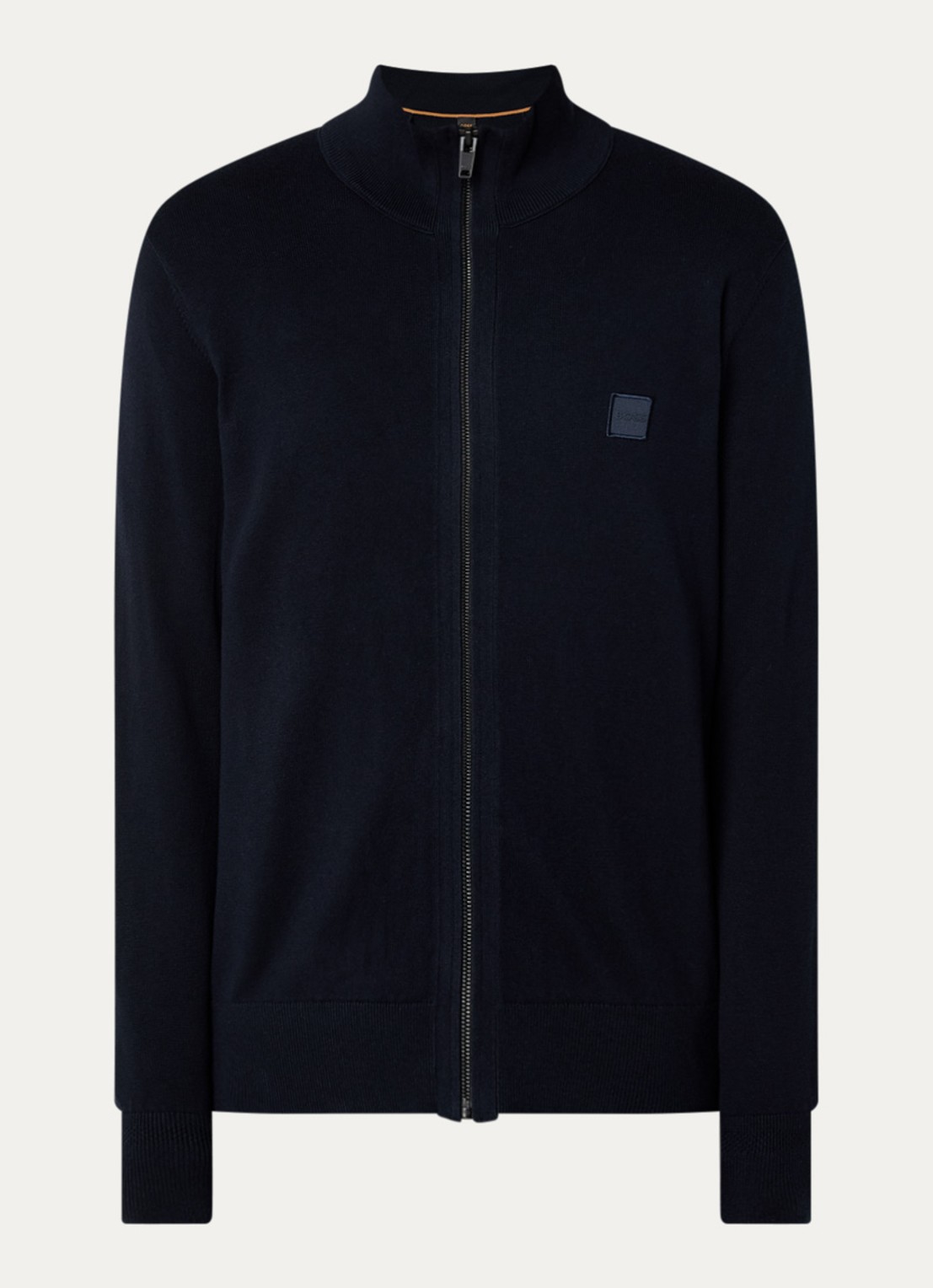 BOSS Gebreid jack van katoen en kasjmier met logopatch - voorkant 9 donkerblauw