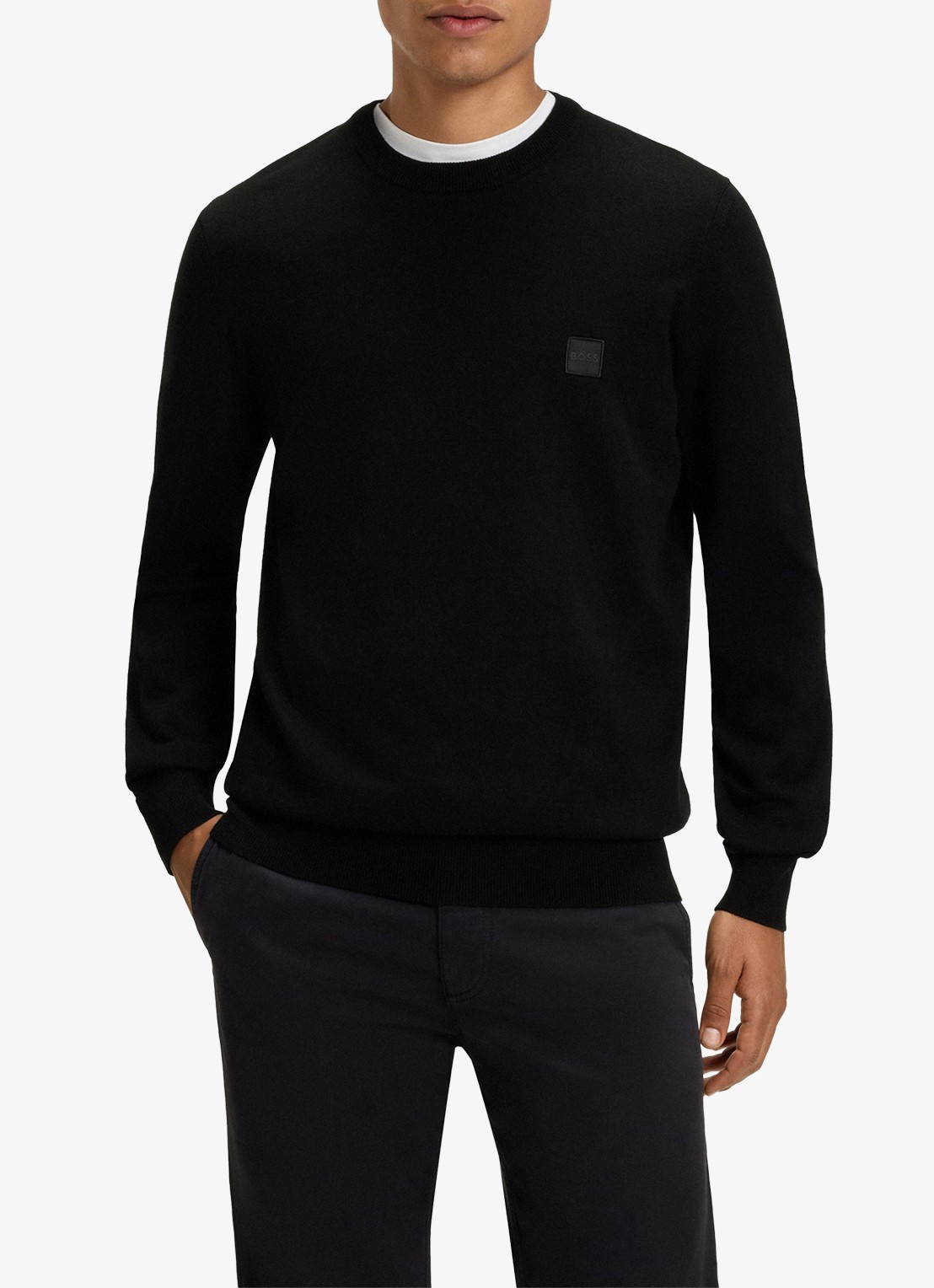 BOSS Gebreide trui van katoen en kasjmier met logolabel - detail black-001 / zwart