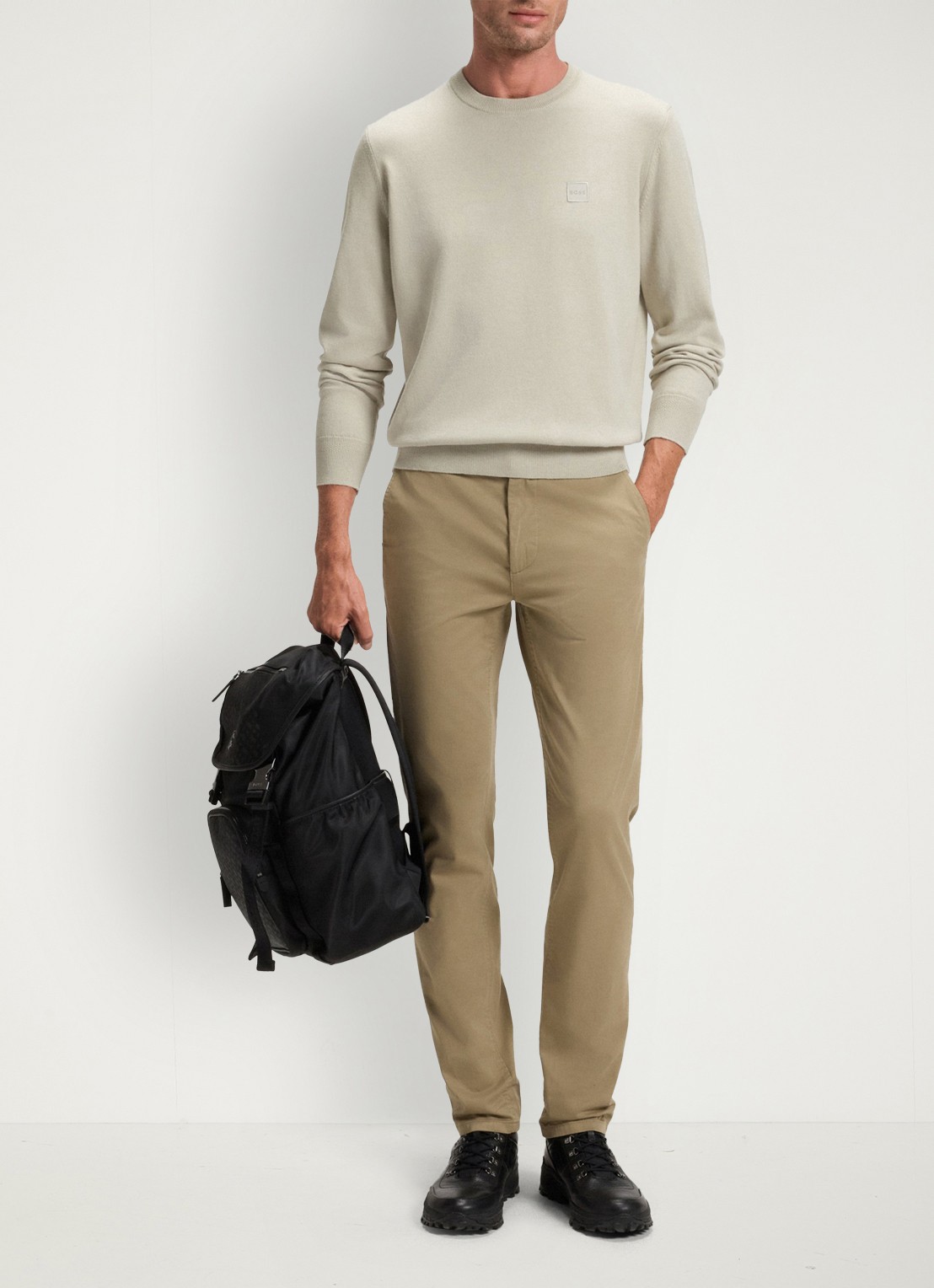 BOSS Gebreide trui van katoen en kasjmier met logolabel - voorkant 3 light beige-271 / beige