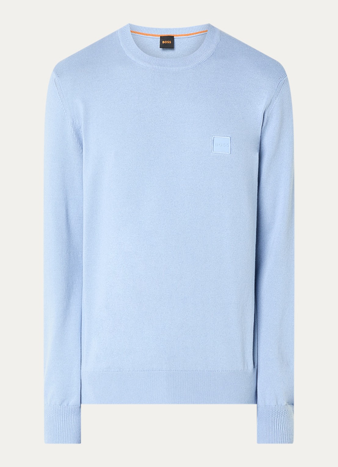 BOSS Gebreide trui van katoen en kasjmier met logolabel - voorkant 3 open blue-470 / blauw
