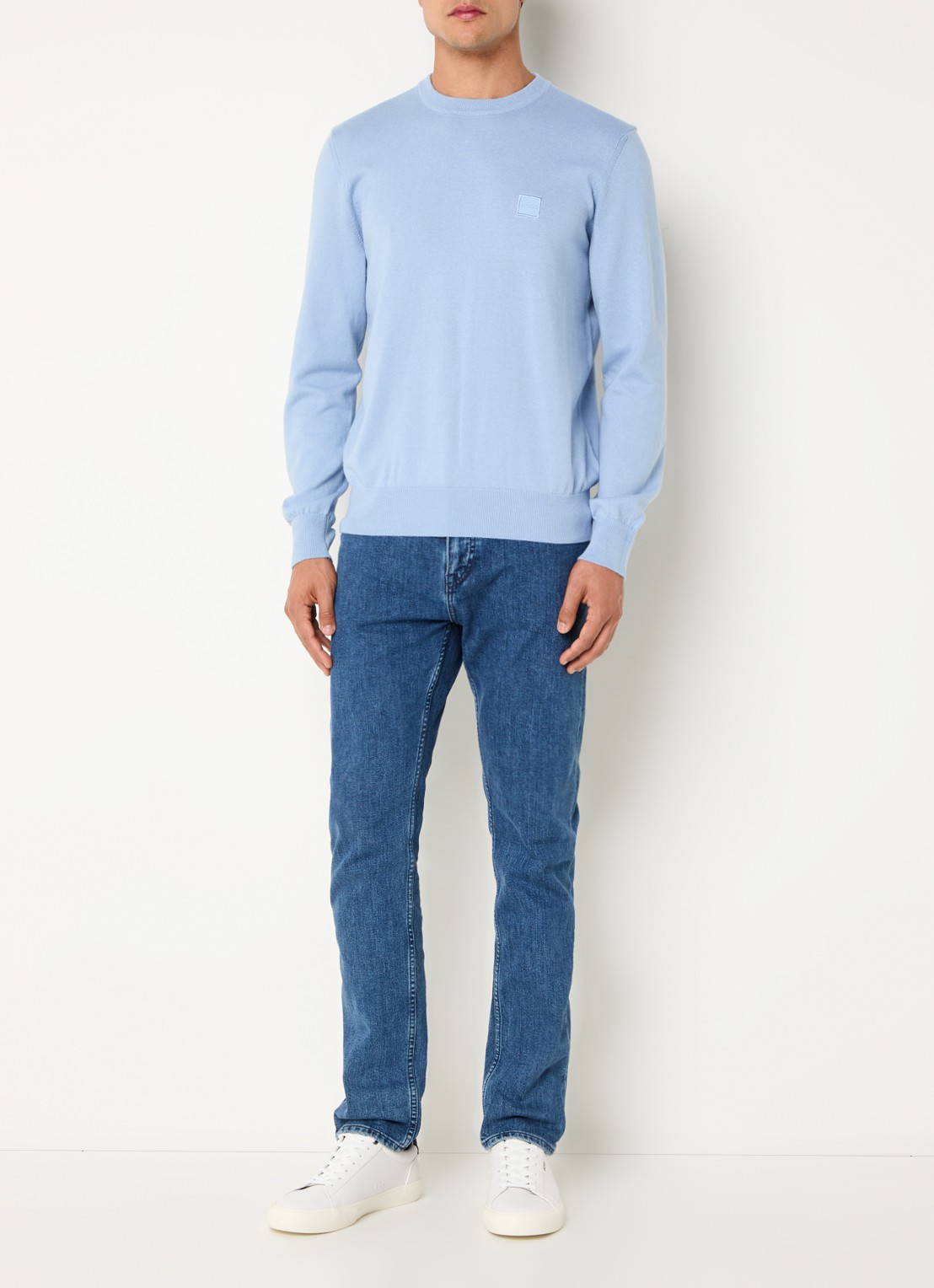 BOSS Gebreide trui van katoen en kasjmier met logolabel - voorkant 4 open blue-470 / blauw