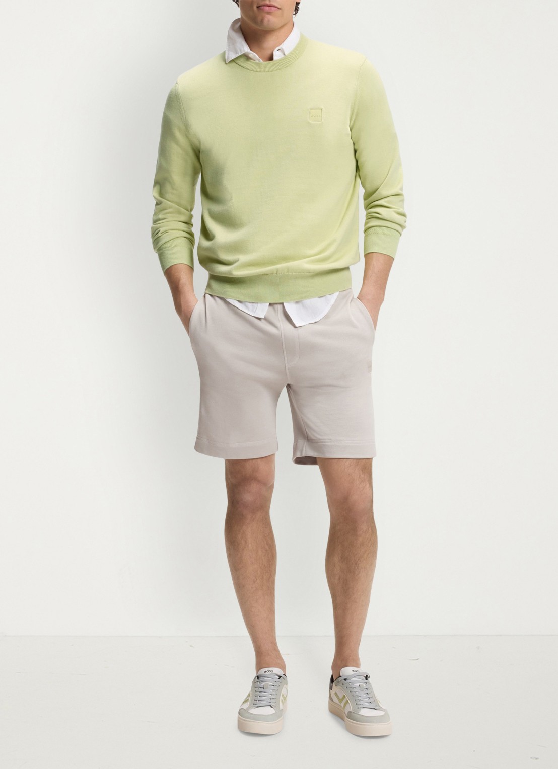 BOSS Gebreide trui van katoen en kasjmier met logolabel - voorkant 2 medium beige-267 / lichtgroen