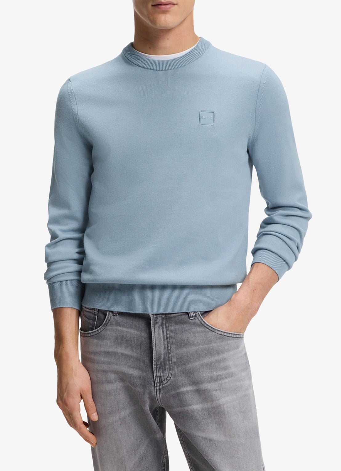 BOSS Gebreide trui van katoen en kasjmier met logolabel - detail light/pastel blue-458 / lichtblauw