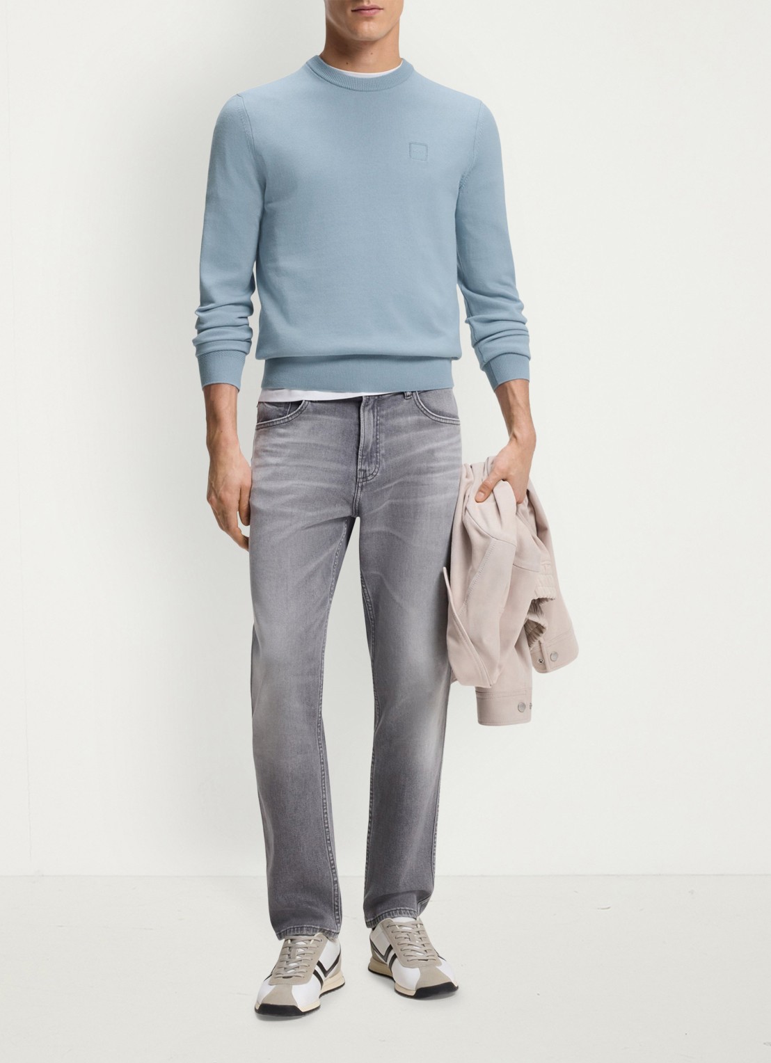 BOSS Gebreide trui van katoen en kasjmier met logolabel - voorkant 4 light/pastel blue-458 / lichtblauw