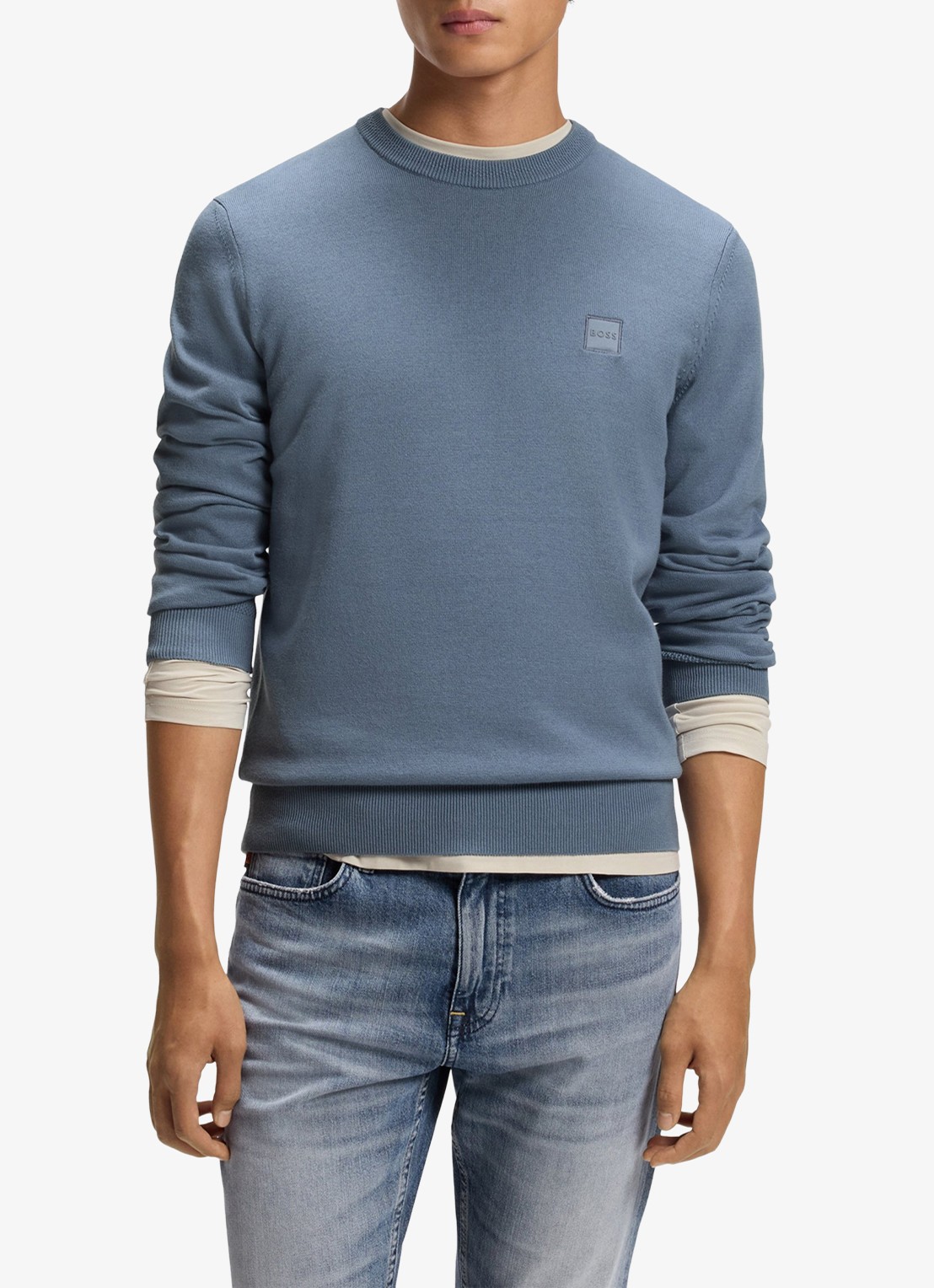 BOSS Gebreide trui van katoen en kasjmier met logolabel - detail medium blue-424 / blauw