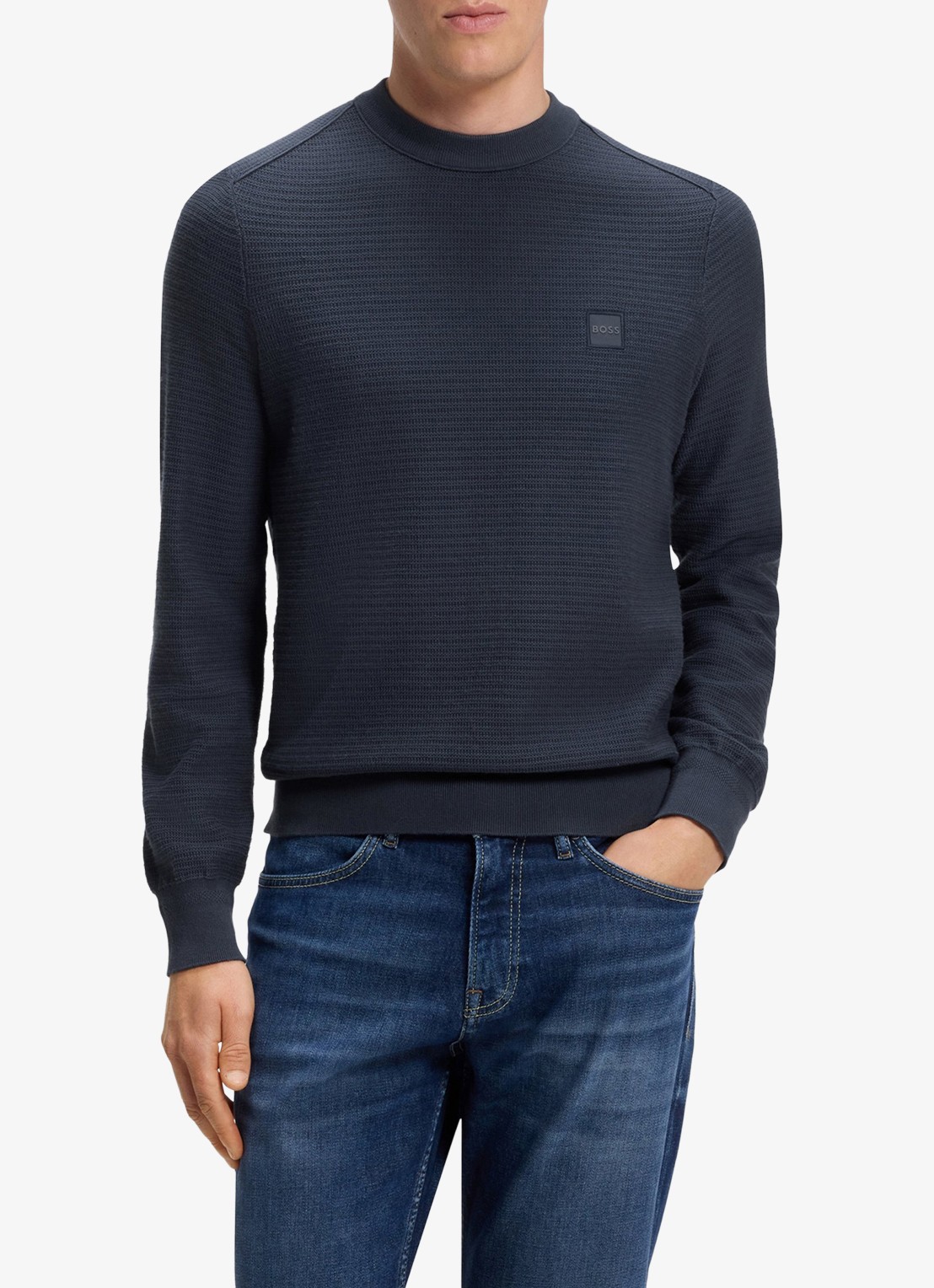 BOSS Gestructureerde met logopatch van katoen en kasjmier - detail dark blue-406 / blauw