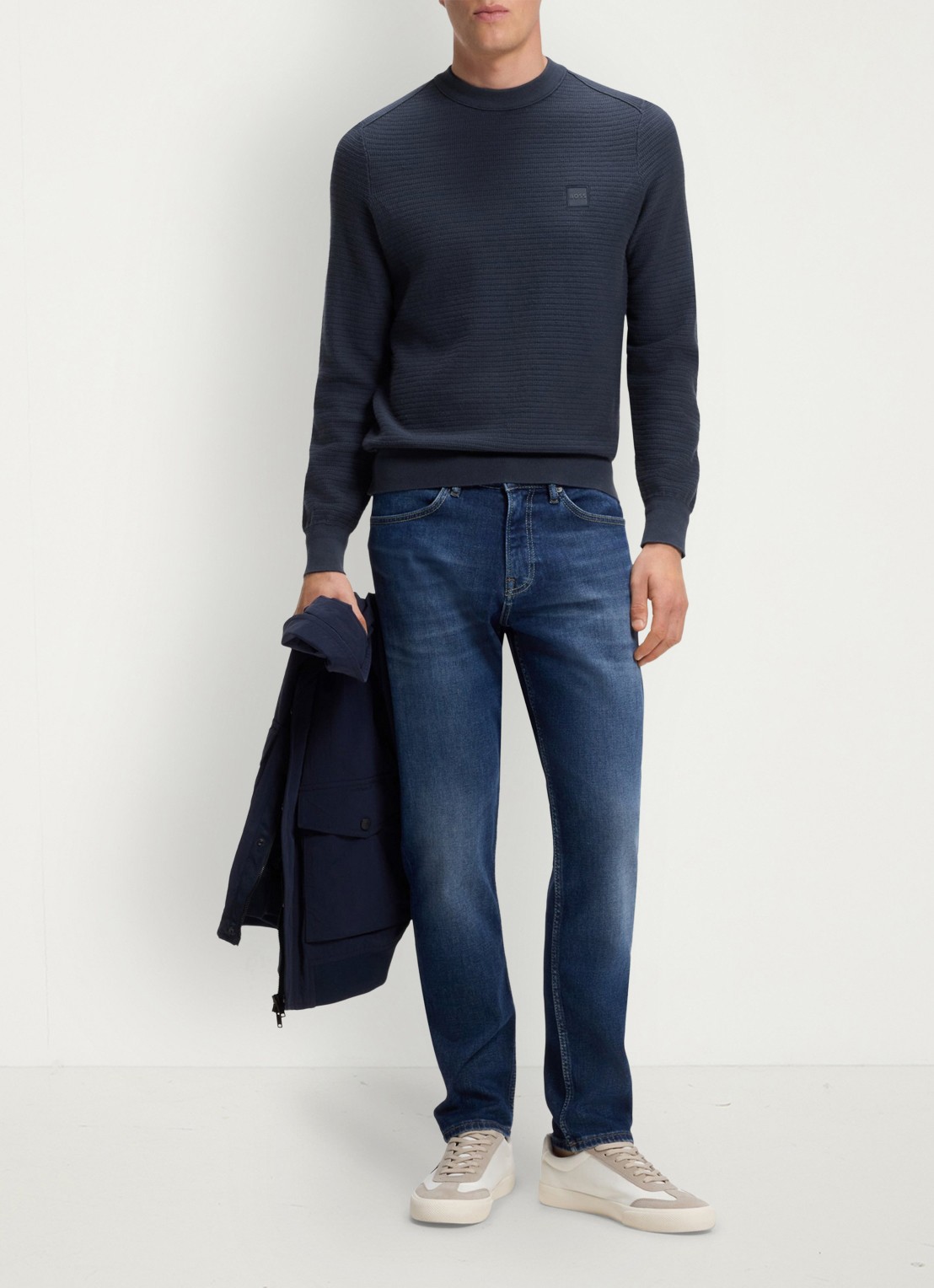 BOSS Gestructureerde met logopatch van katoen en kasjmier - voorkant 4 dark blue-406 / blauw
