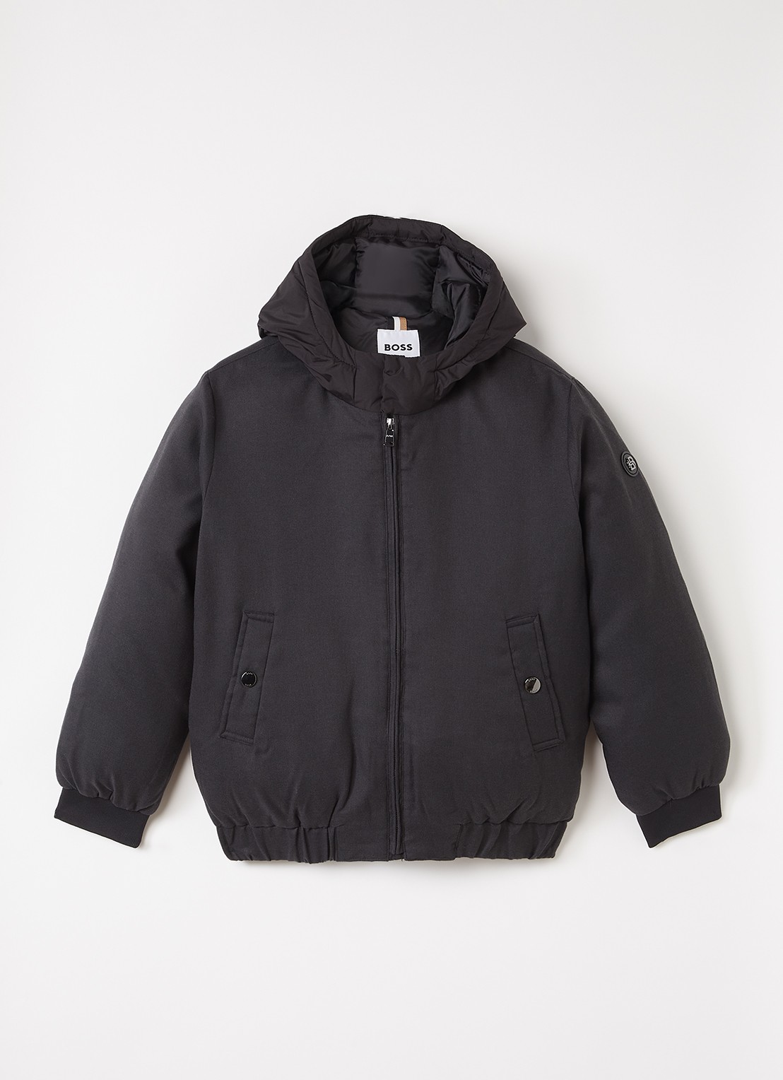 BOSS Gewatteerd bomberjack met capuchon - voorkant 2 zwart