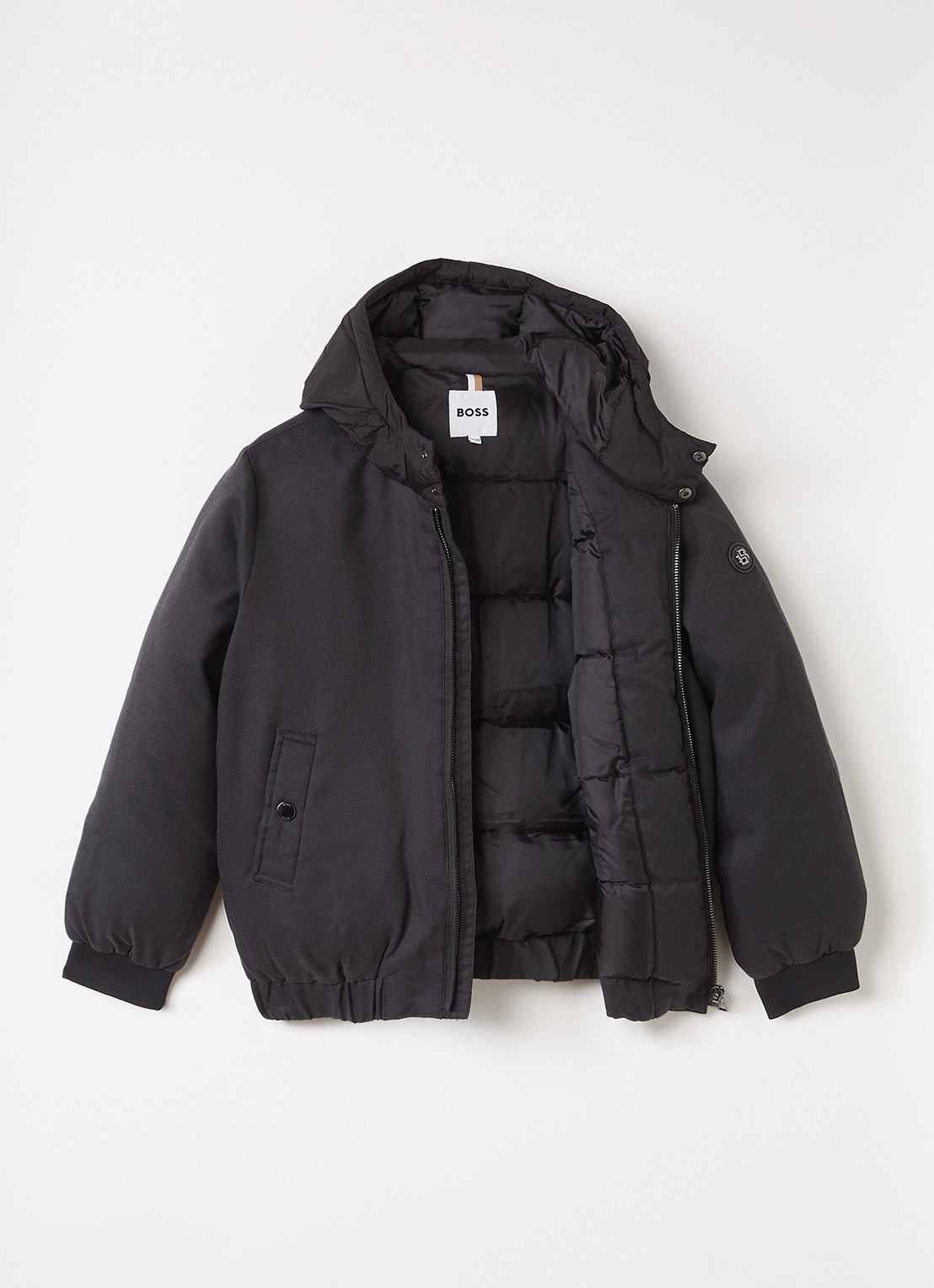 BOSS Gewatteerd bomberjack met capuchon - voorkant 3 zwart