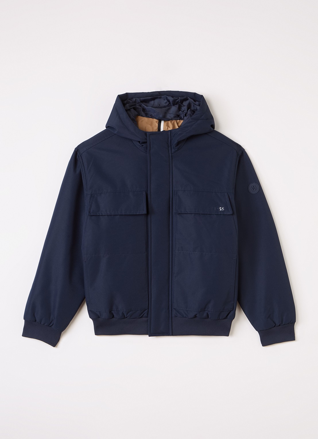 BOSS Gewatteerd jack met capuchon - voorkant donkerblauw
