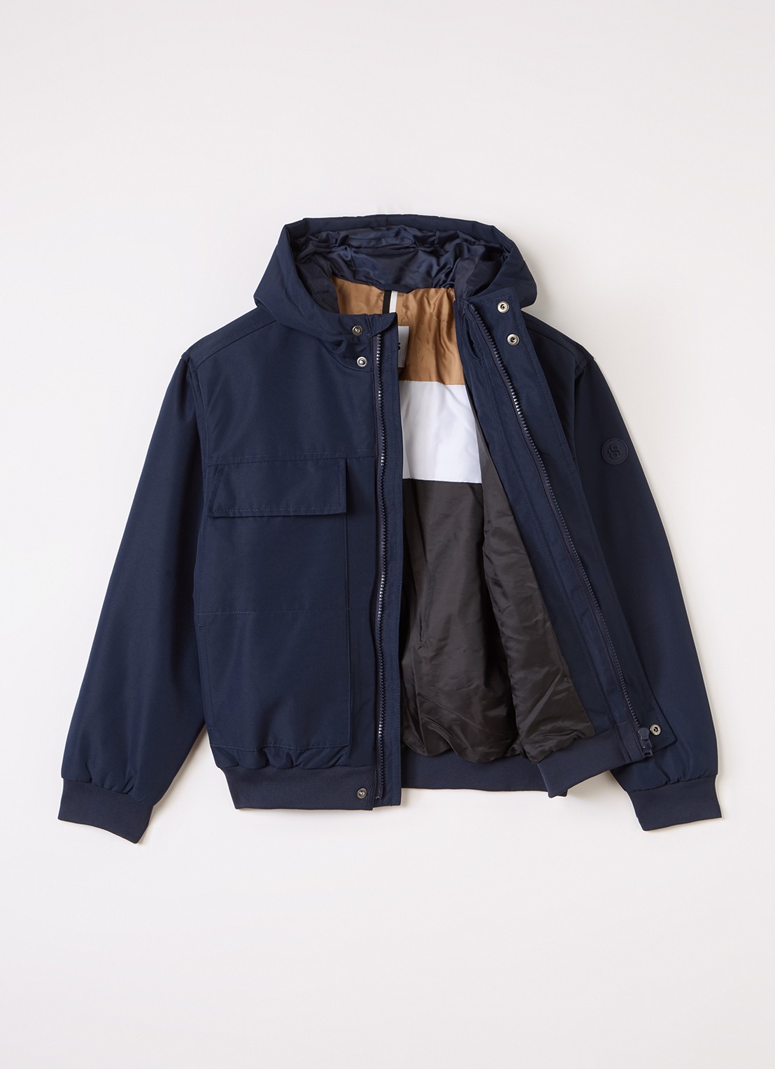 BOSS Gewatteerd jack met capuchon - voorkant 2 donkerblauw