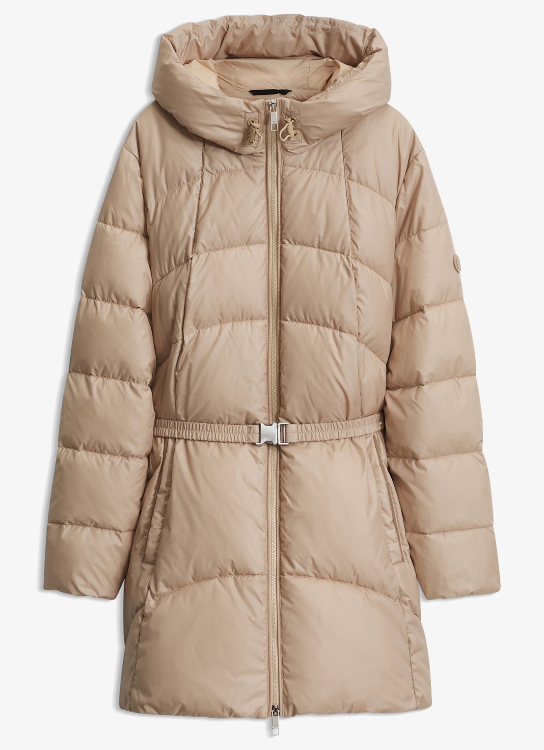 BOSS Gewatteerde parka met capuchon en afneembare riem - voorkant beige