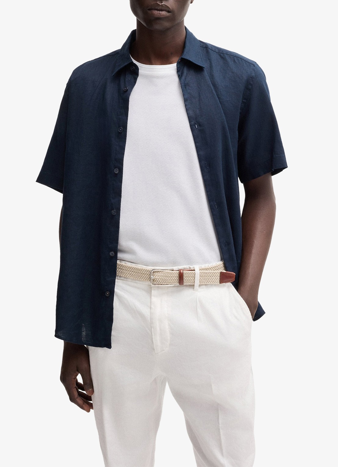 BOSS Geweven riem met leren delen - voorkant 2 beige