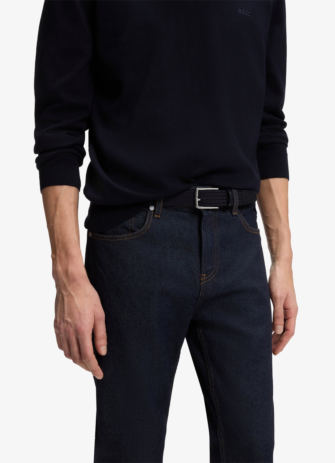 BOSS Geweven riem met leren delen - detail 4 donkerblauw