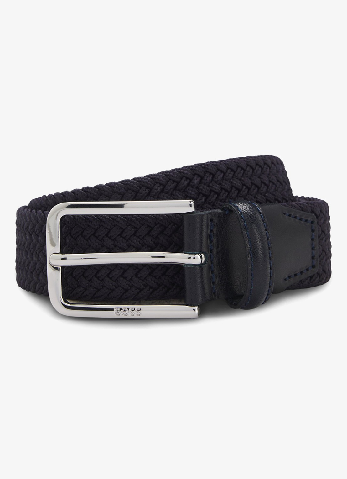 BOSS Geweven riem met leren delen - voorkant 2 donkerblauw