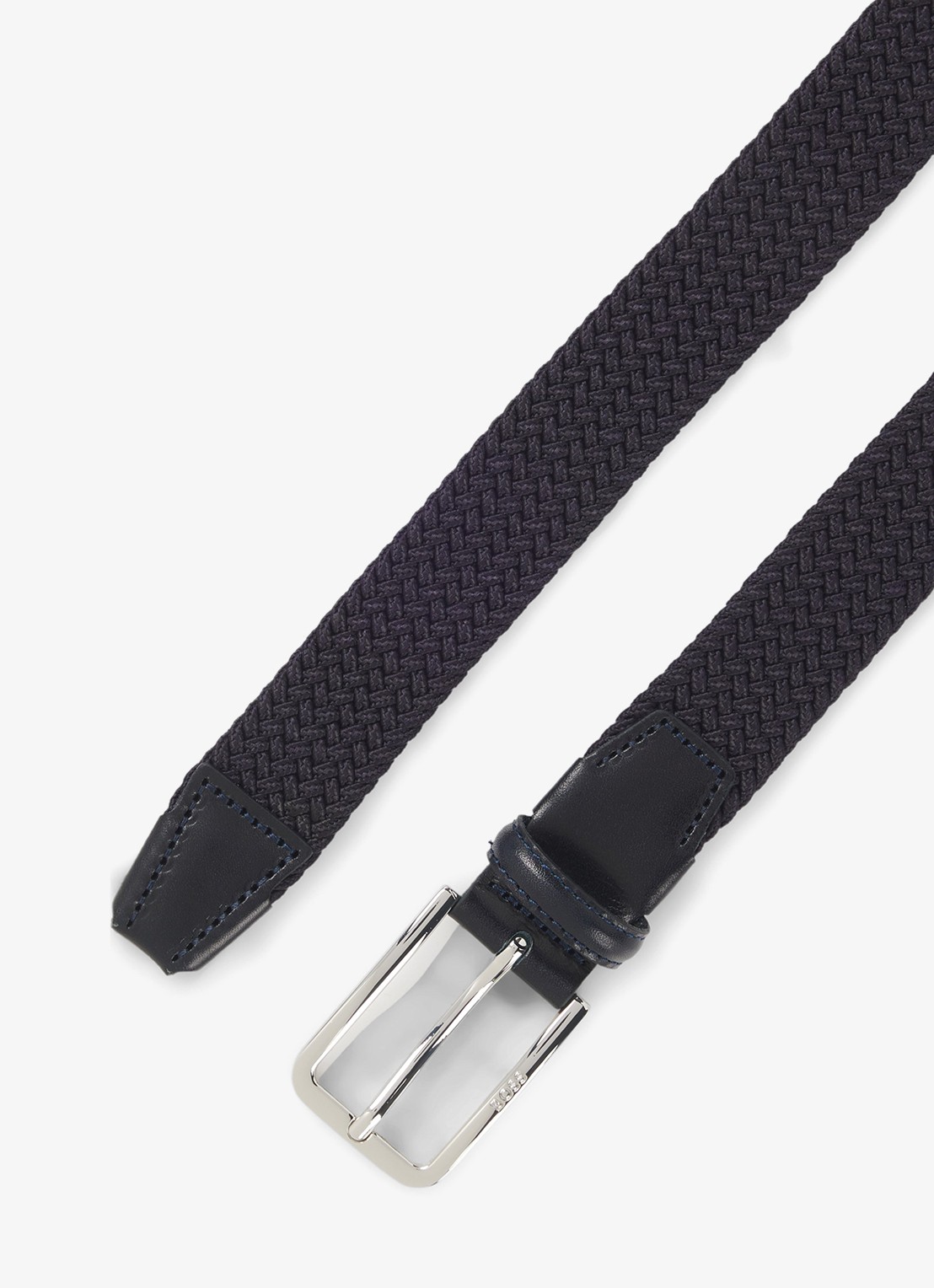 BOSS Geweven riem met leren delen - voorkant 3 donkerblauw