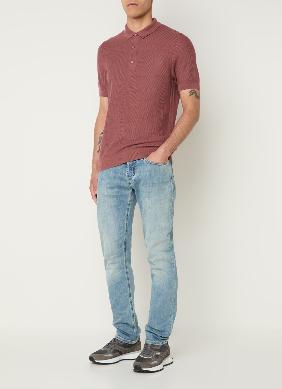 BOSS H-Daremo grofgebreide regular fit polo  - voorkant 5 donkerrood