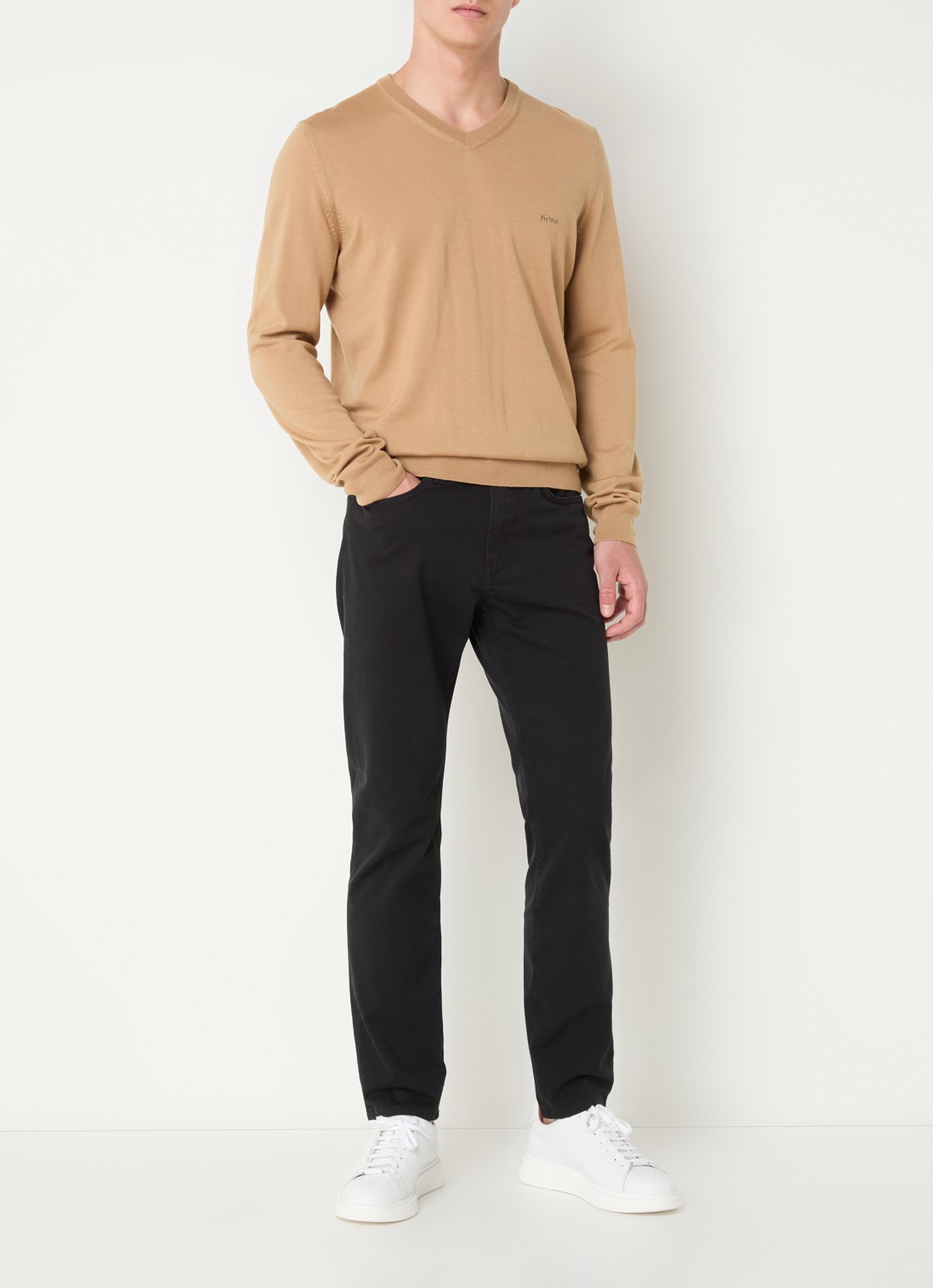 BOSS H-Delaware slim fit broek van wol met steekzakken - voorkant 4 zwart